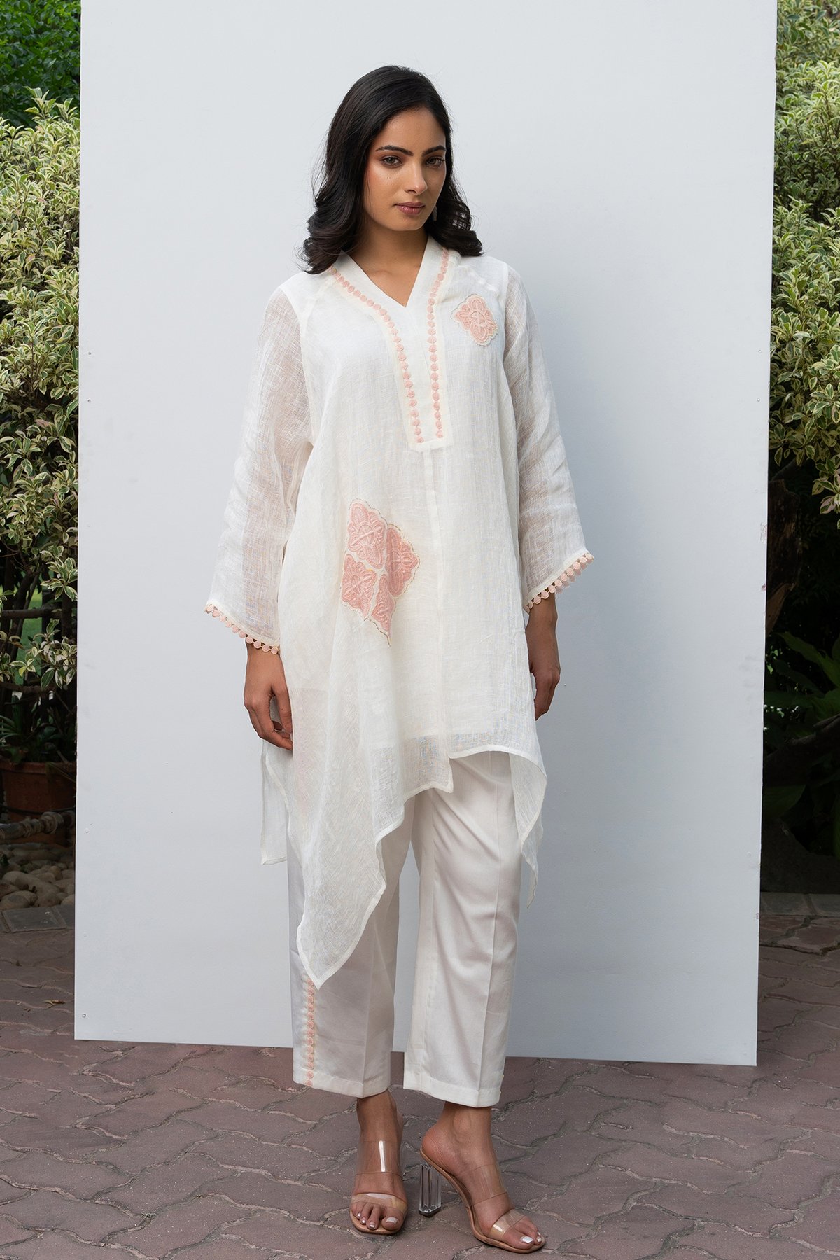 White and Peach Linen Asymmetric Tunic and Pants Co-ord Set