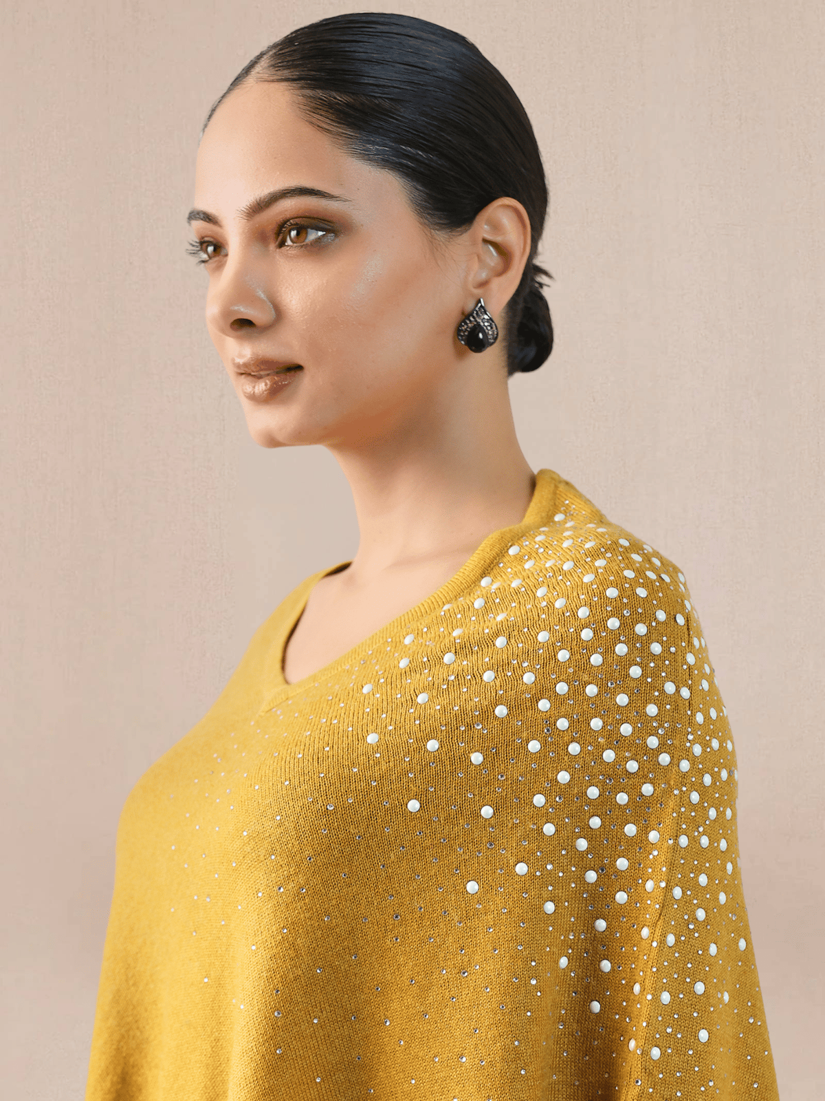 Mustard Wool Poncho Cape with Pearl Scatter Detail