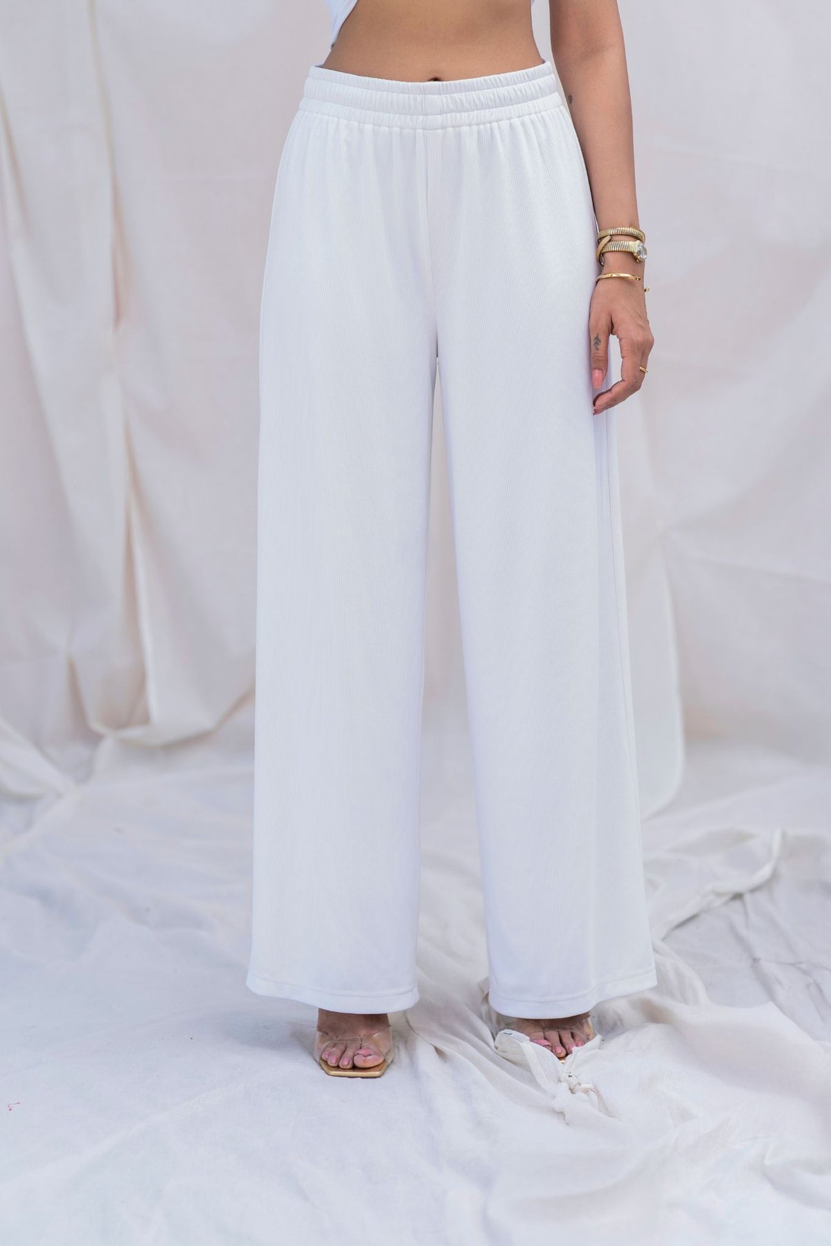 White Ribbed Wide-Leg Pull-On Pants