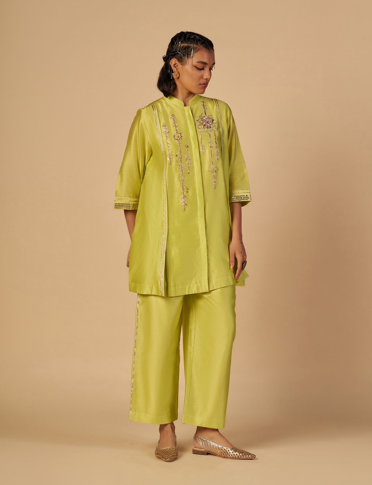 Lime Green Wide-Leg Chanderi Trousers