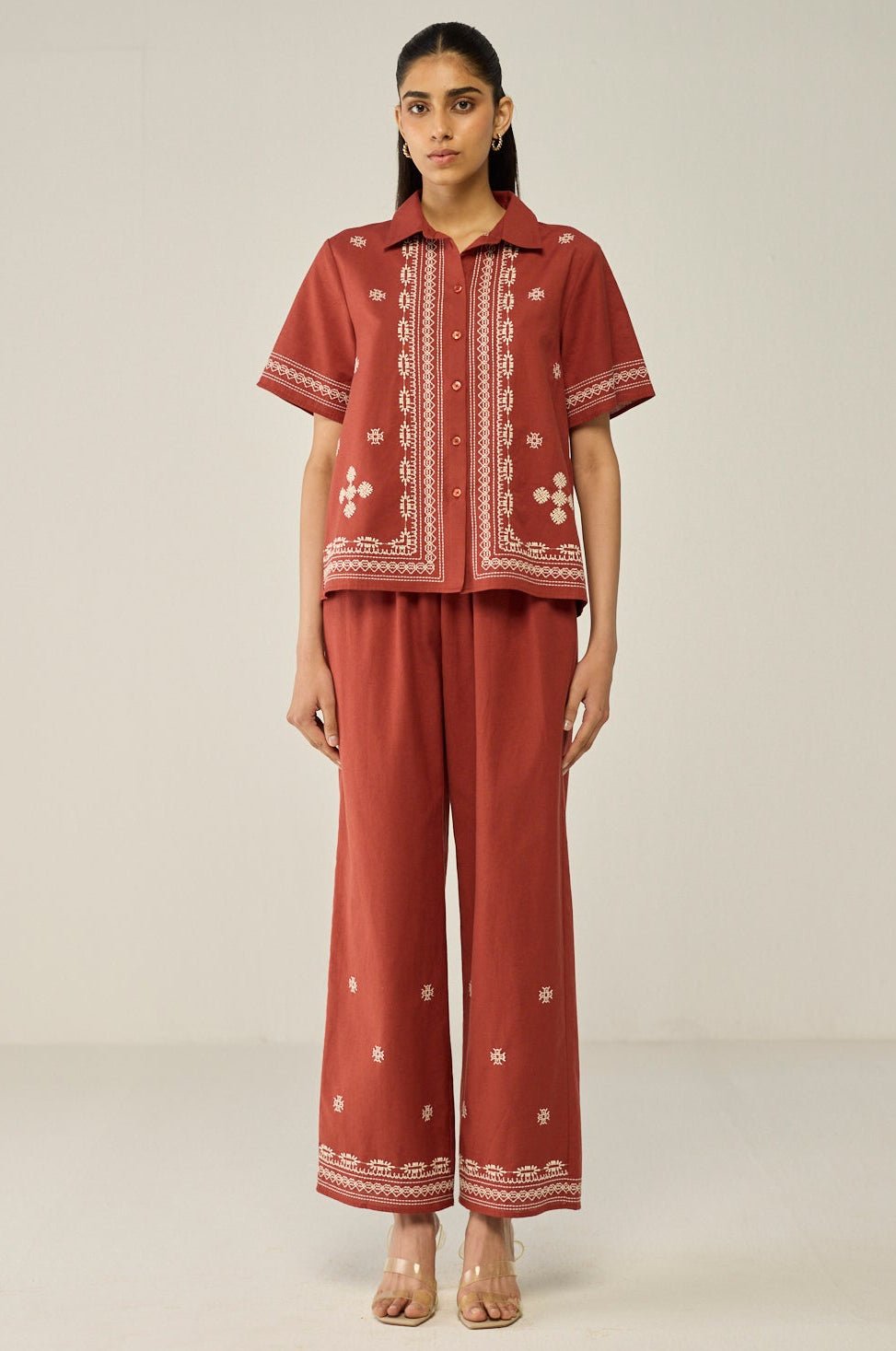 Burgundy Embroidered Shirt And Trouser Co-ord