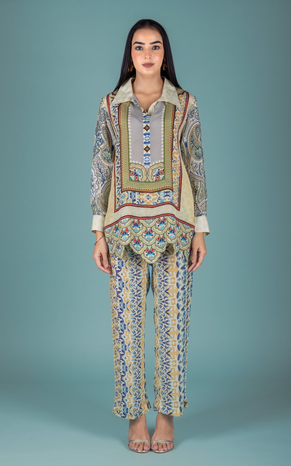 Green/Blue Printed Kurta and Pants Co-ord Set