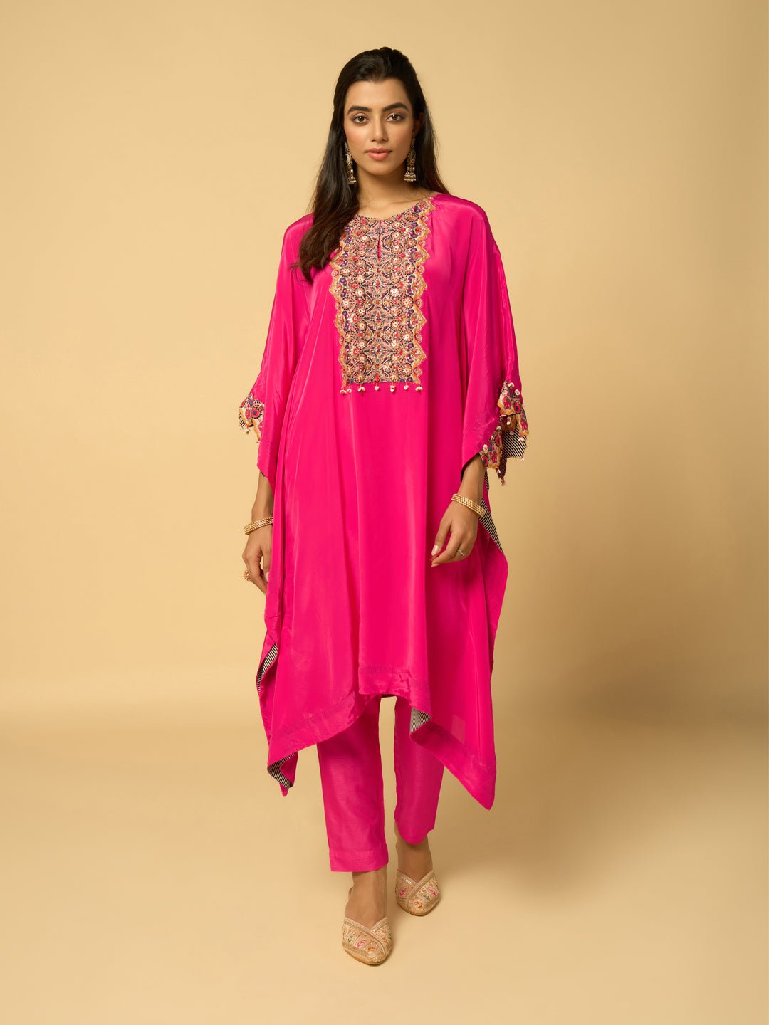 Pink Kaftan Kurta Set with Embroidered Yoke