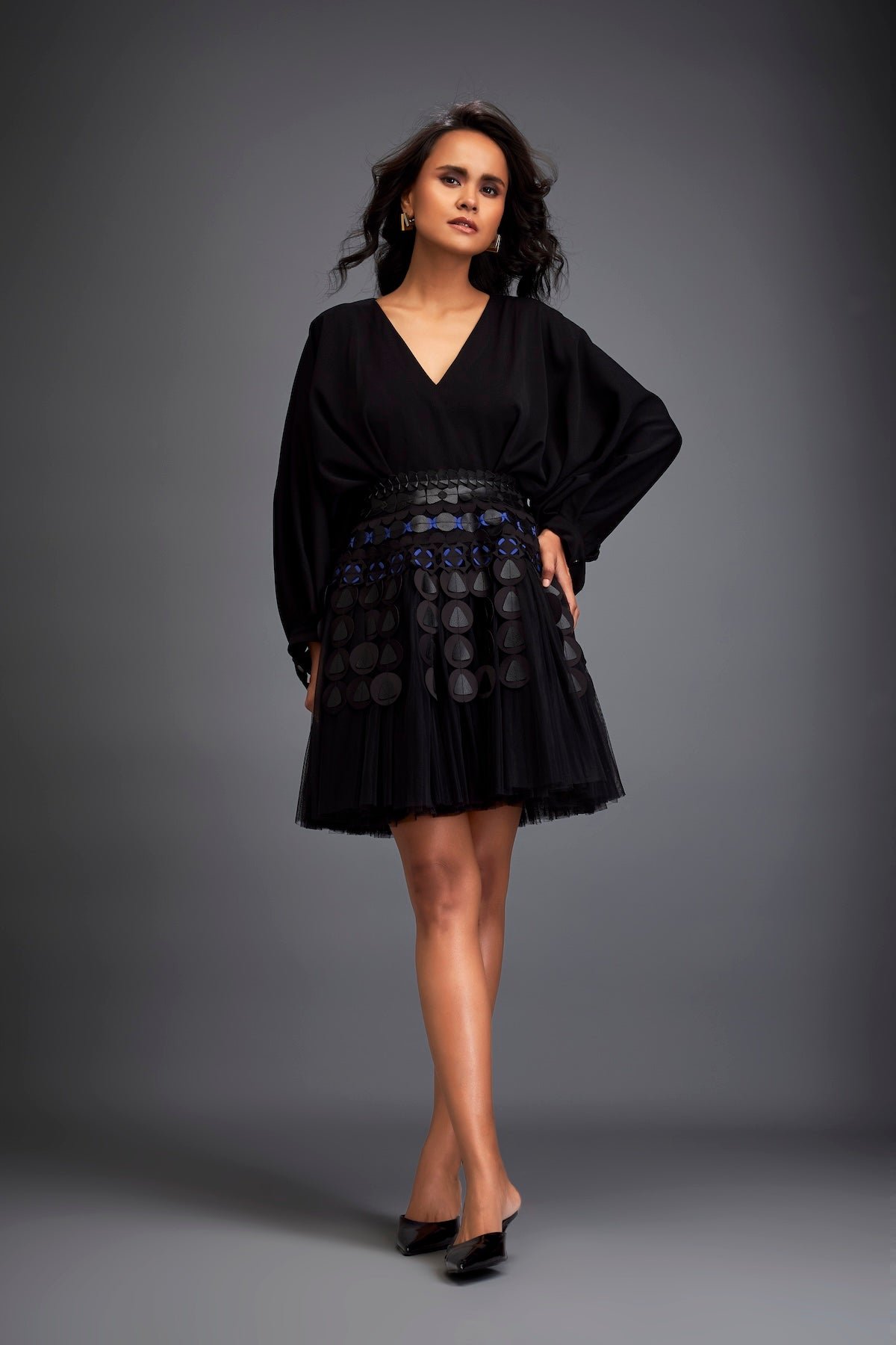 Voluminous Dress with Textured Skirt and Accents