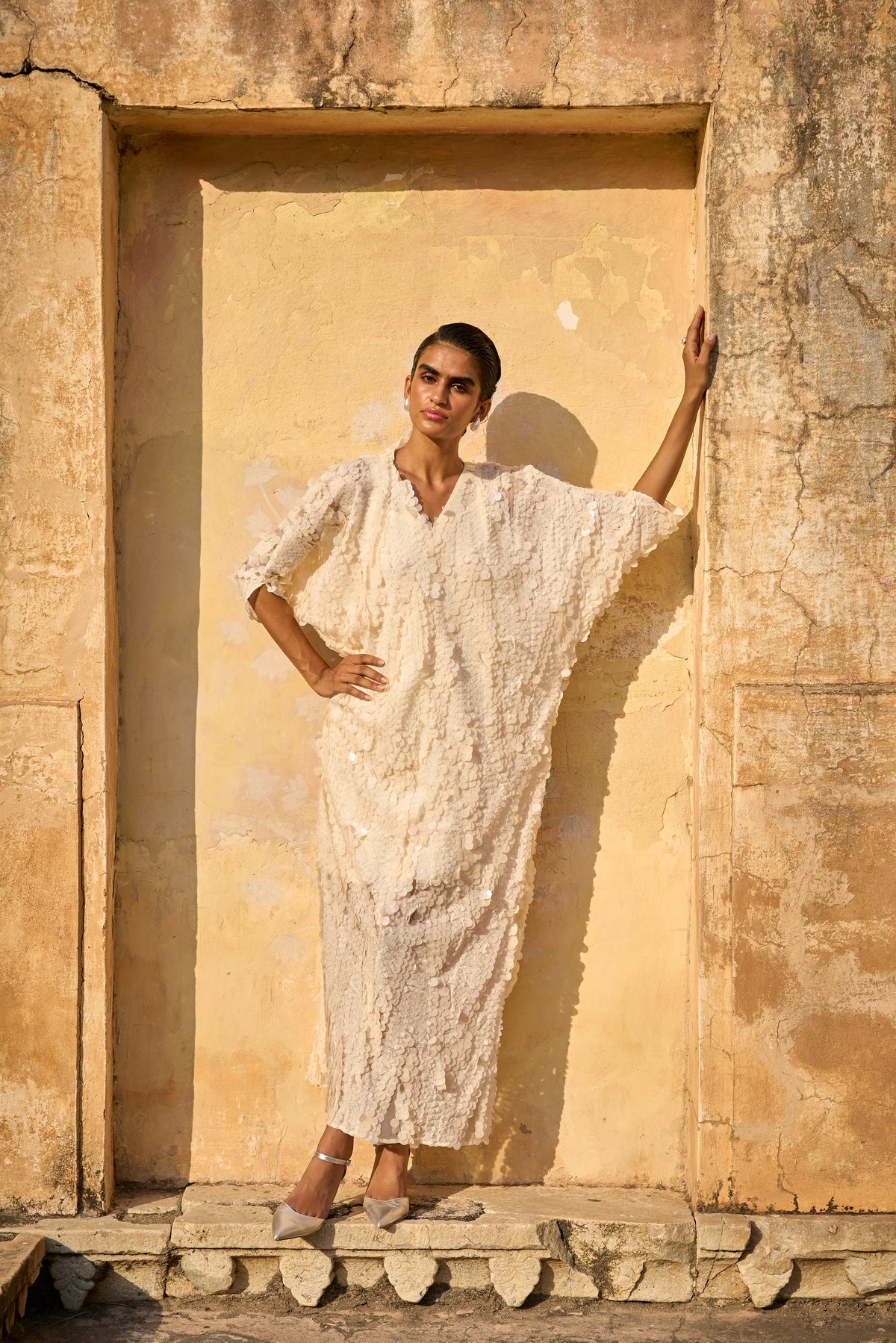 Ivory Paillette Sequin Kaftan Maxi Dress