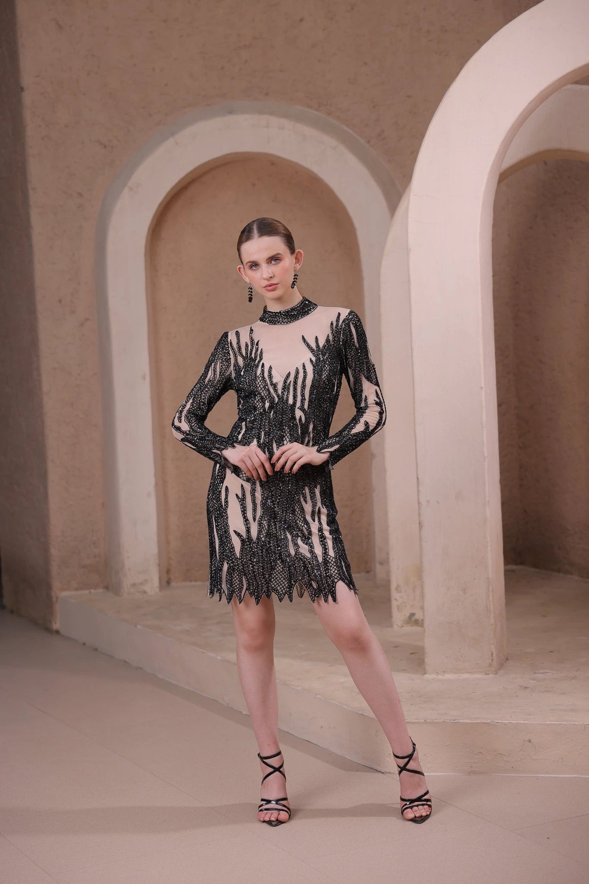 Black Flame Beaded Illusion Dress