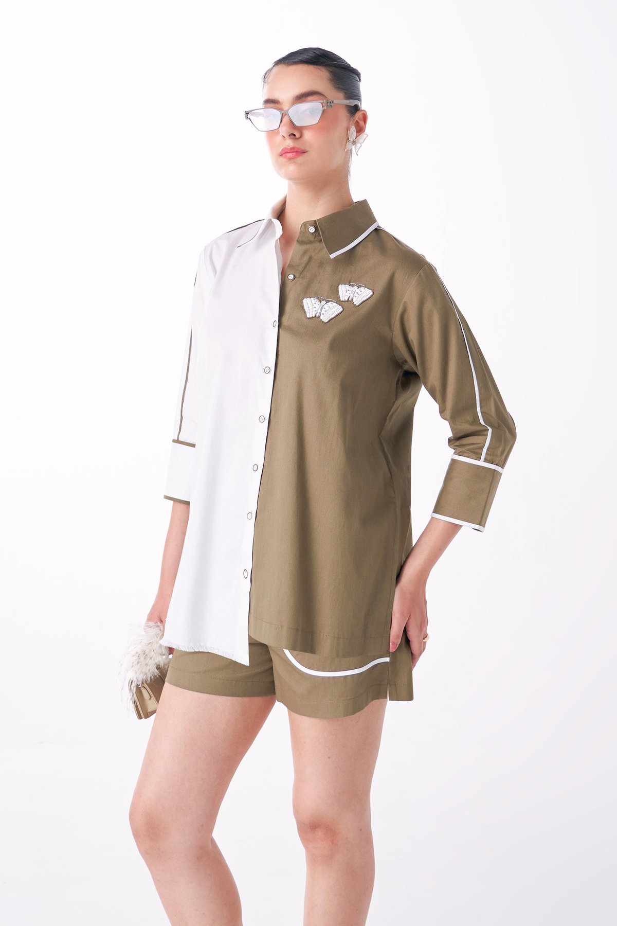 White and Mushroom Colorblocked Cotton Satin Shirt