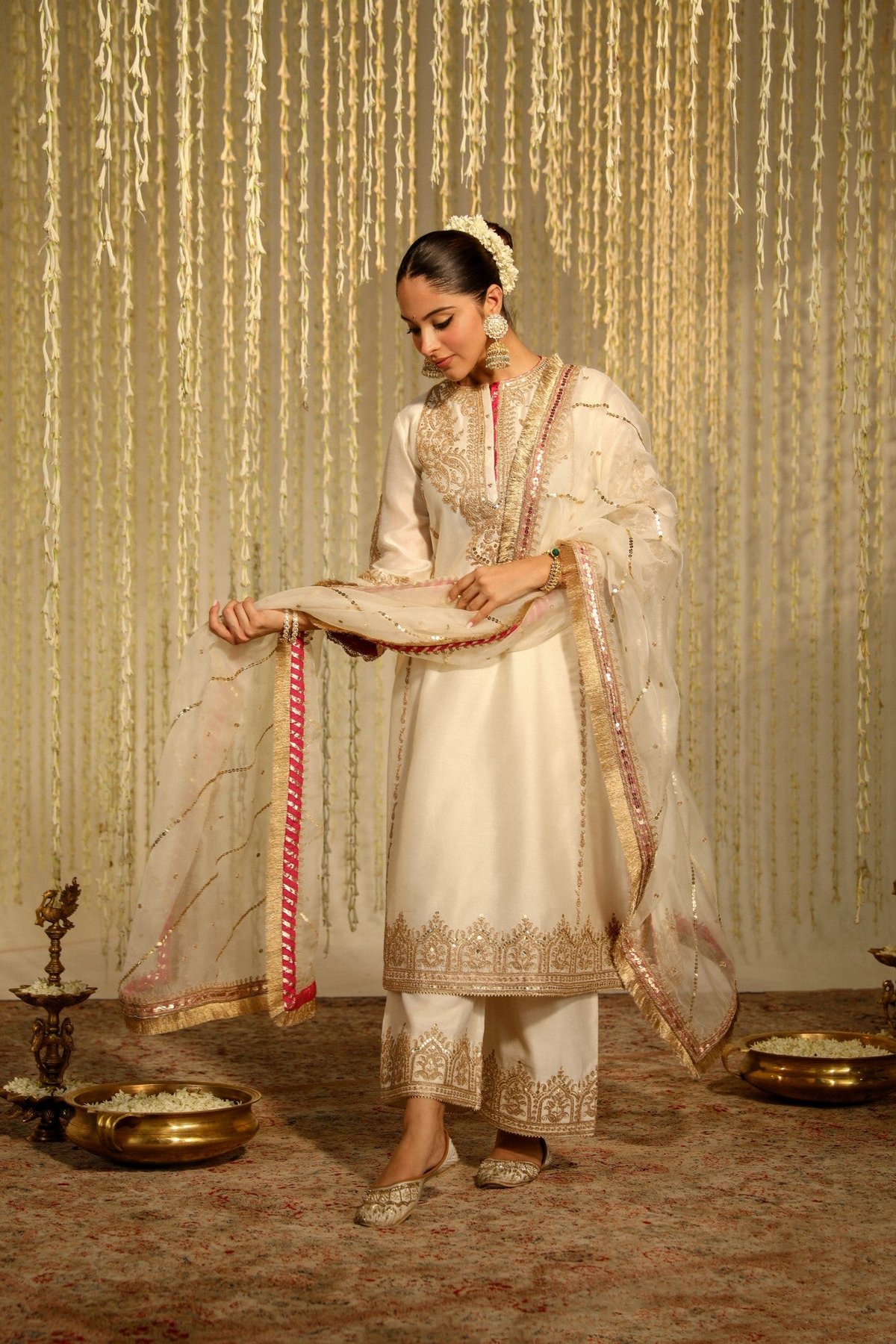 Daisy Ivory A-Line Kurta Set With Palazzo and Dupatta