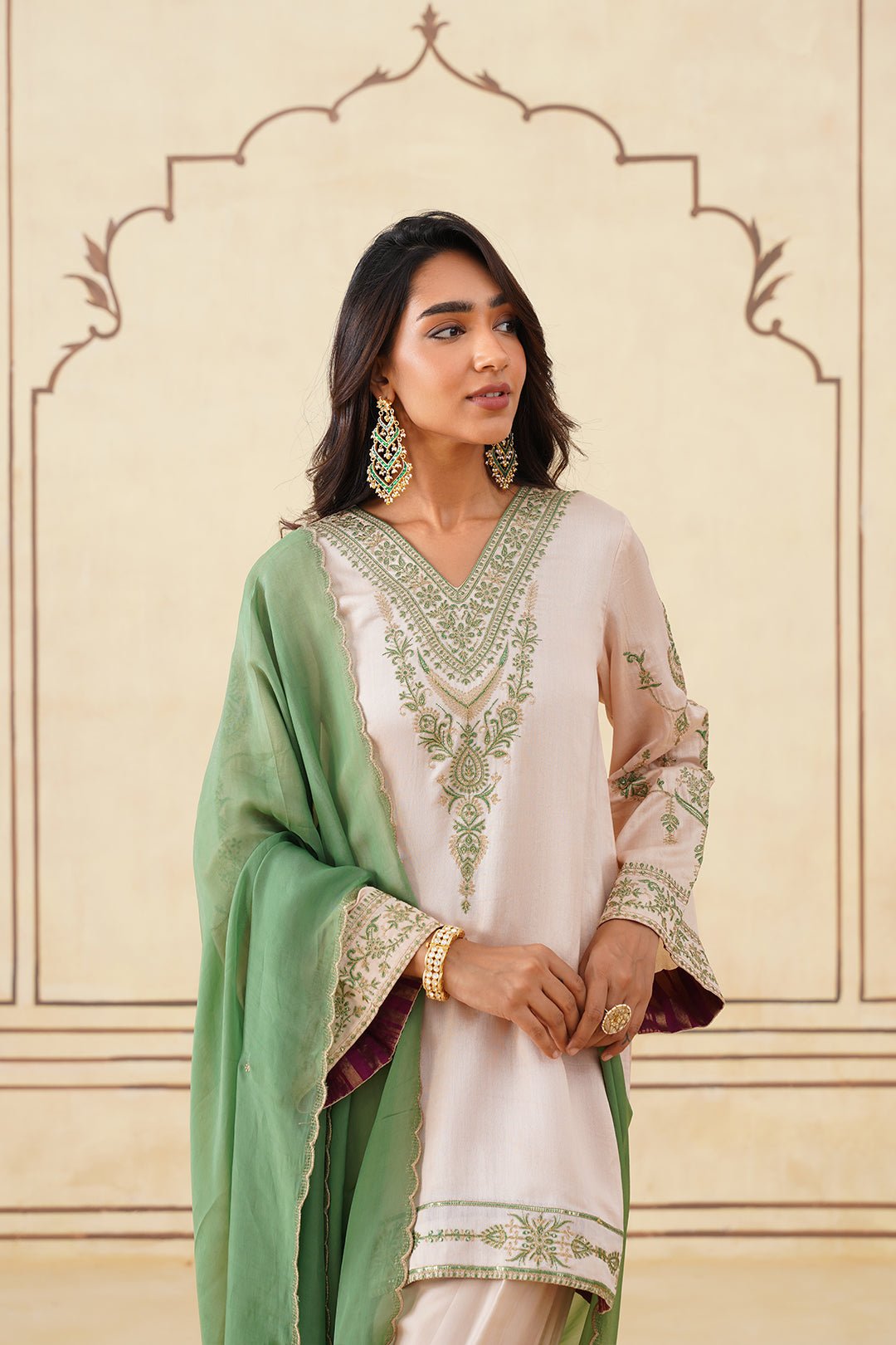 Beige and Green Embroidered Kurta Set with Organza Dupatta
