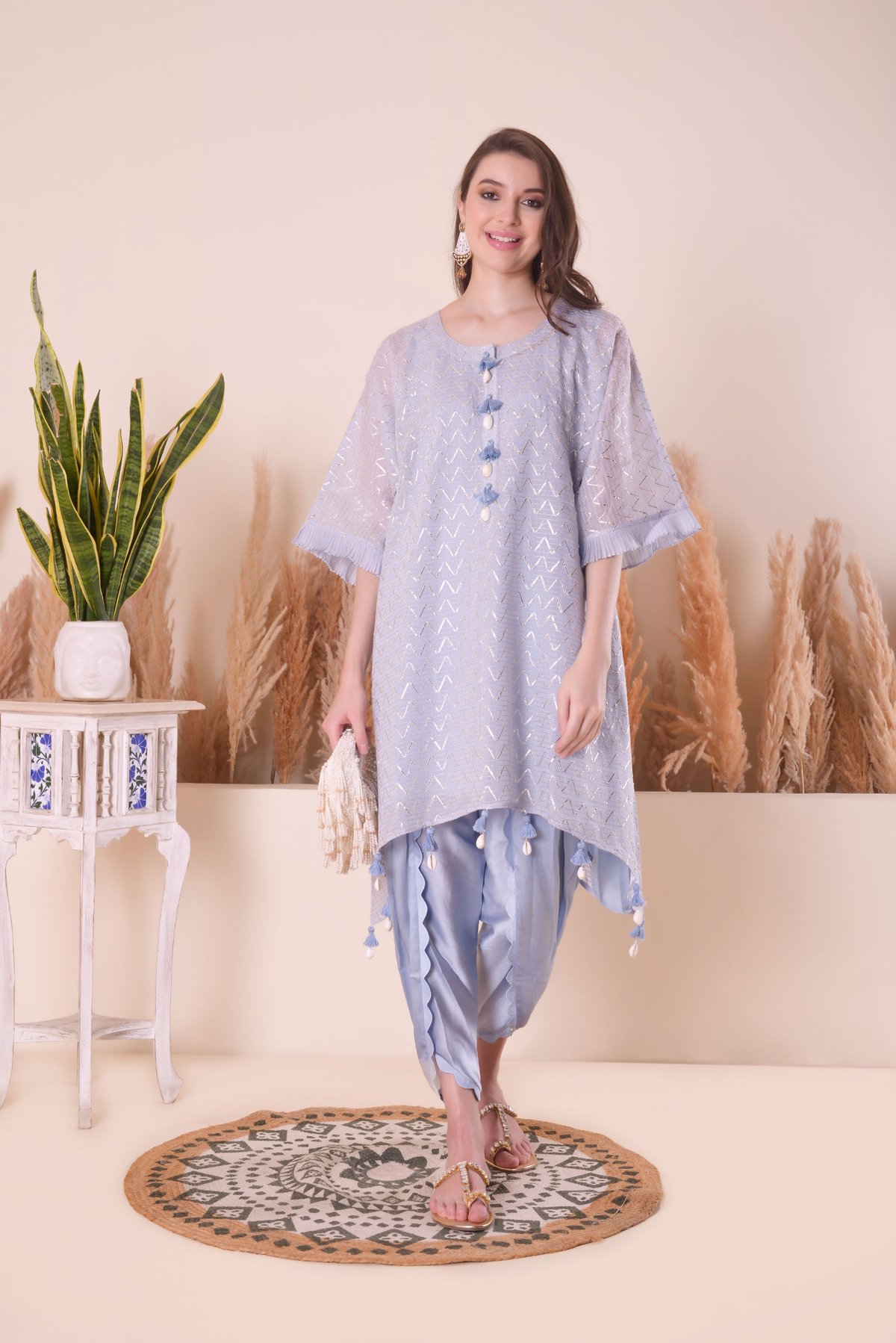 Powder Blue Wave Gota Kimono Kurta Set with Dhoti Pants