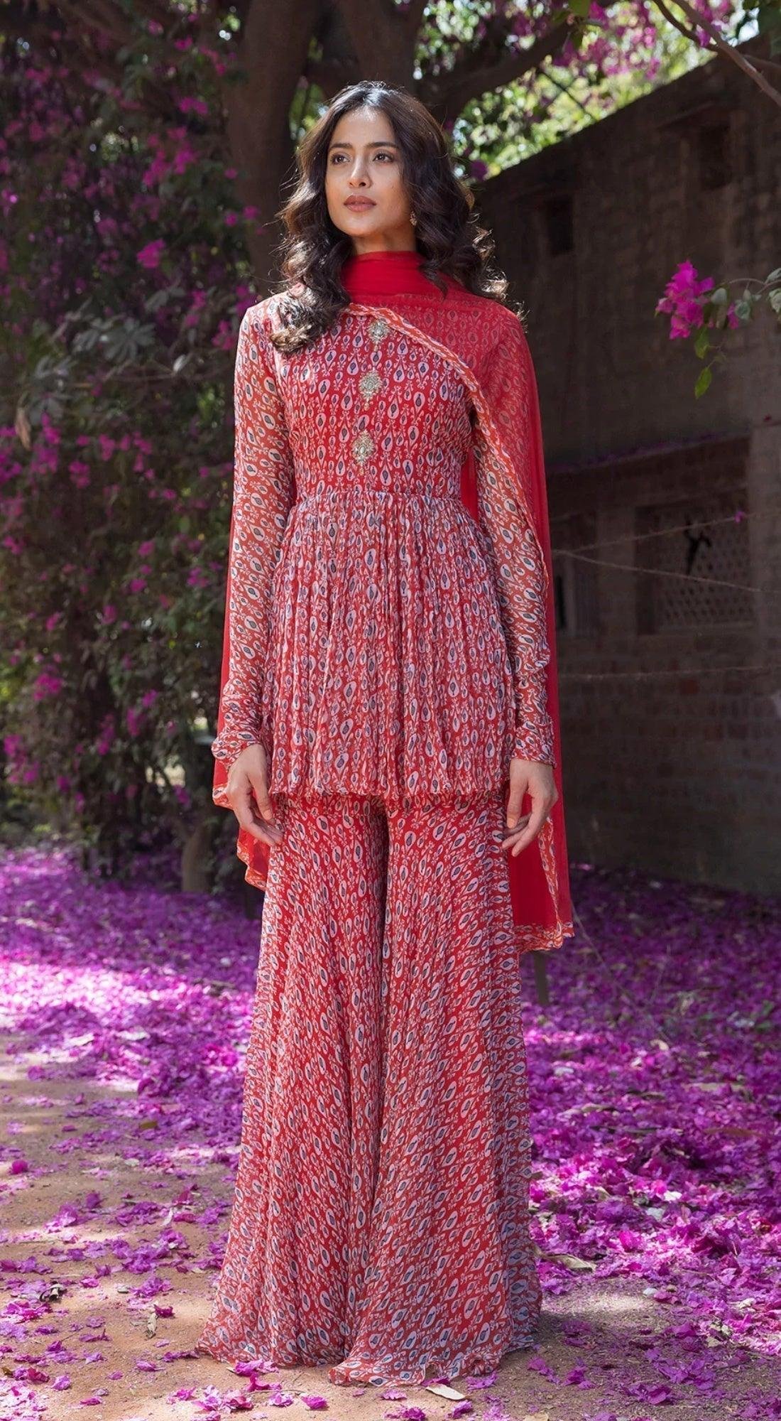 Red Printed Peplum Kurta and Sharara Set with Dupatta