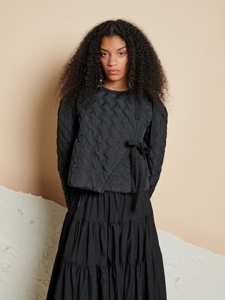Black Wave-Quilted Cropped Tie-Up Jacket