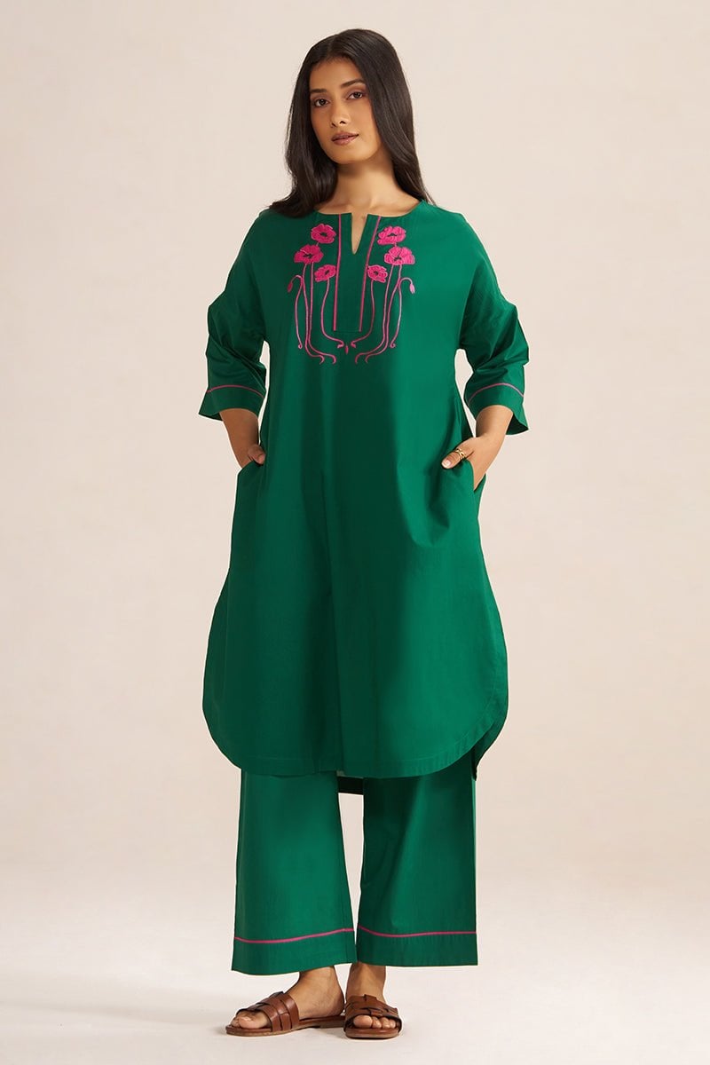 Evergreen Cotton Embroidered Co-ord Set with Wide-Leg Pants