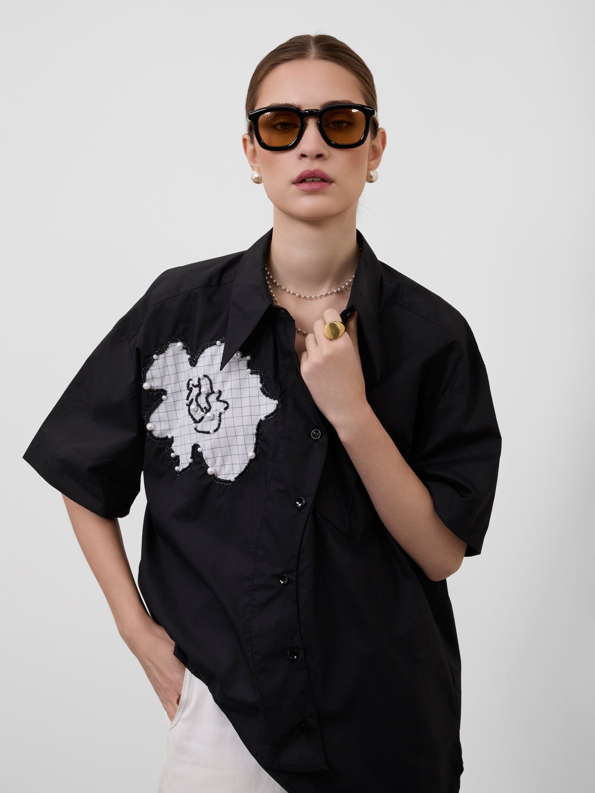 Black Asymmetrical Cotton Shirt with Floral Applique