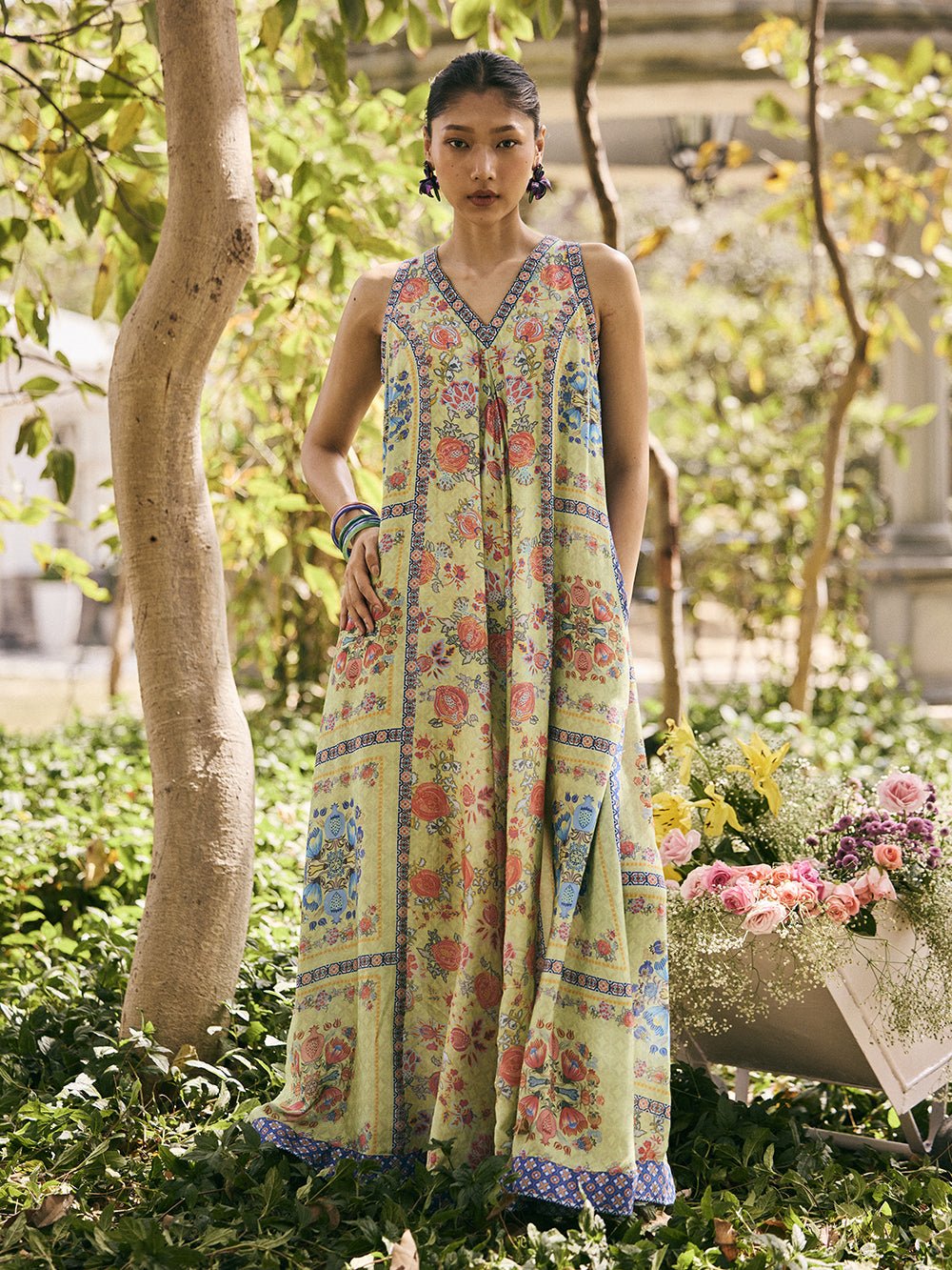 Green Floral Print Sleeveless V-Neck Wide-Leg Jumpsuit