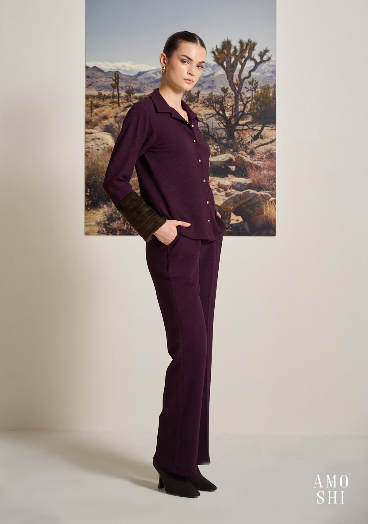 Wine Textured Shirt and Wide-Leg Trouser Co-ord Set
