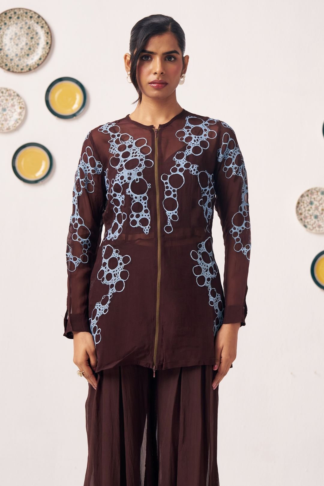 Chocolate Brown Sheer Embroidered Zip-Front Jacket