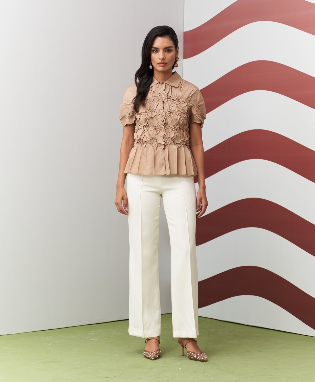 Beige Crinkled Crepe Button-Down Peplum Top
