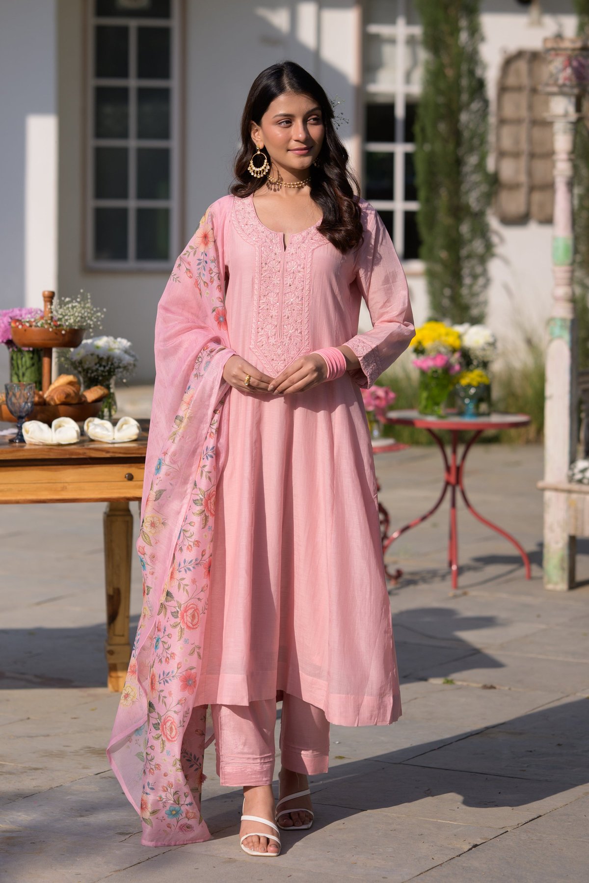 Blush Pink Lucknowi Work Mul Chanderi Set