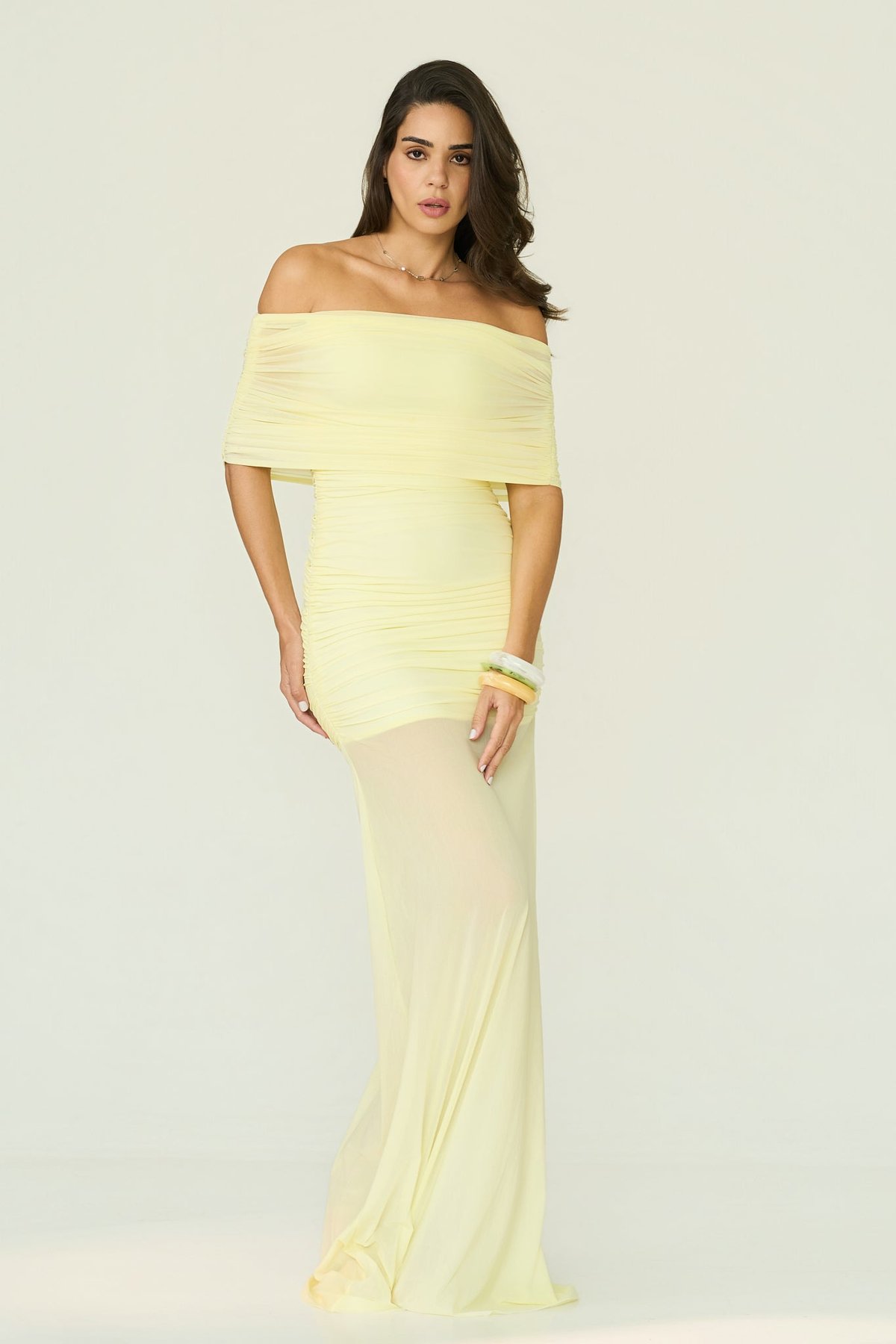 Butter Yellow Off-Shoulder Ruched Maxi Gown