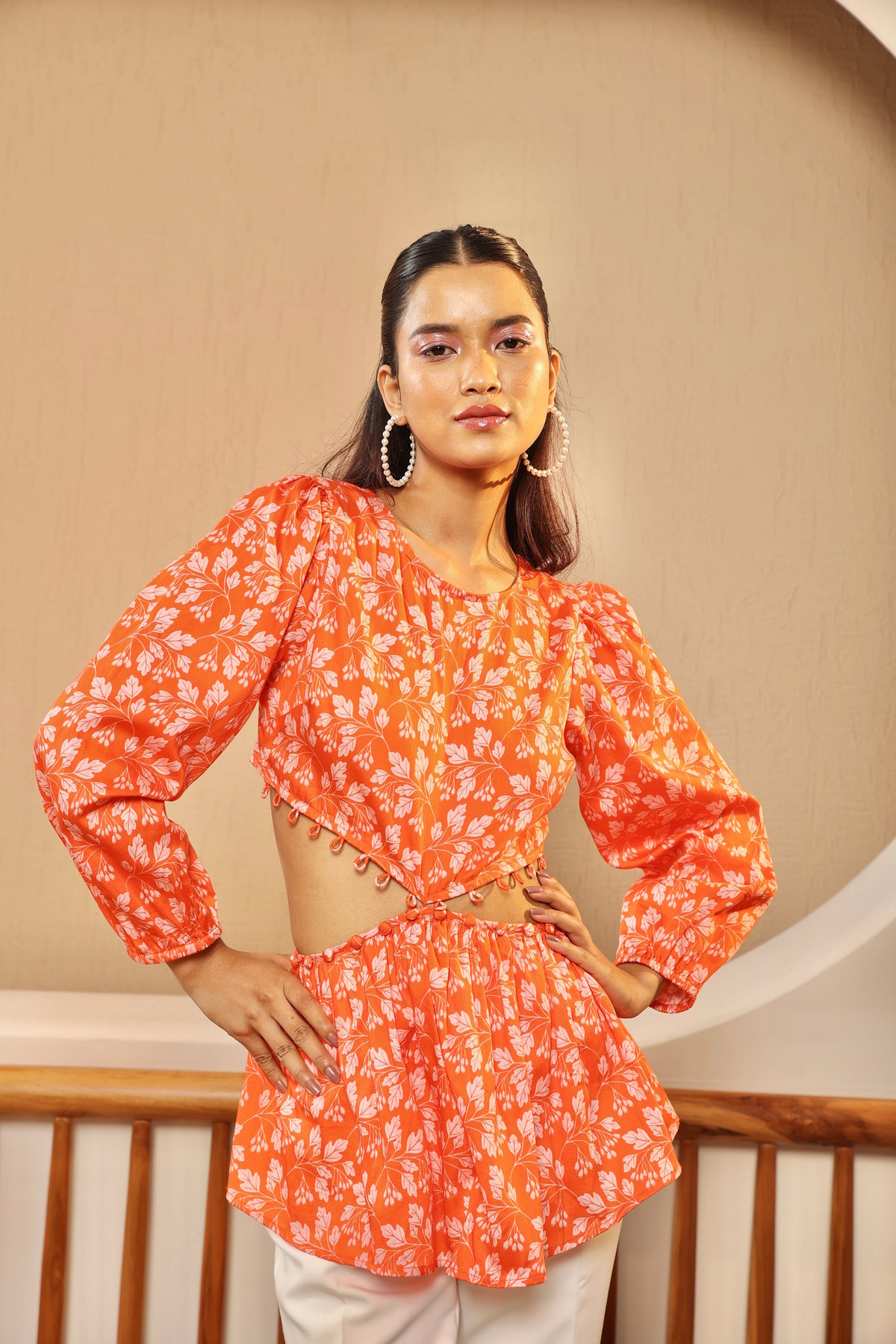 Orange and Light Pink Floral Waist Cut-out Peplum Top