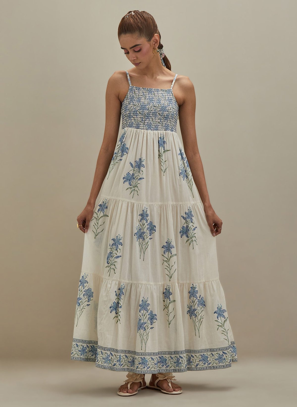 Off White Cotton 3-Tier Dress Block Print