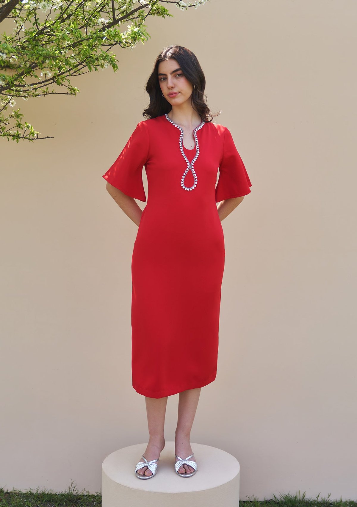 Red Crepe Embellished Keyhole-Neck Midi Dress