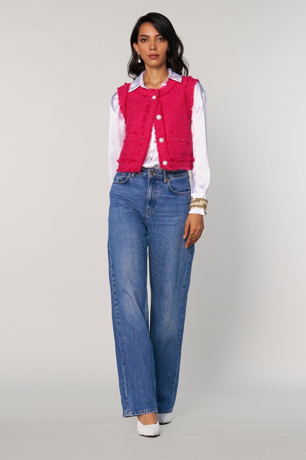 Fuchsia Pink Cropped Tweed Vest with Frayed Trim