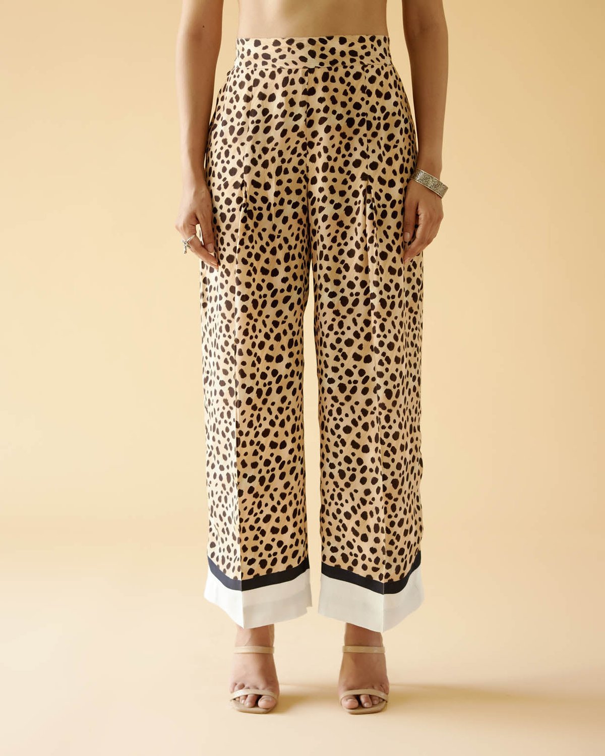 Beige and Black Animal Print Wide-Leg Satin Trousers