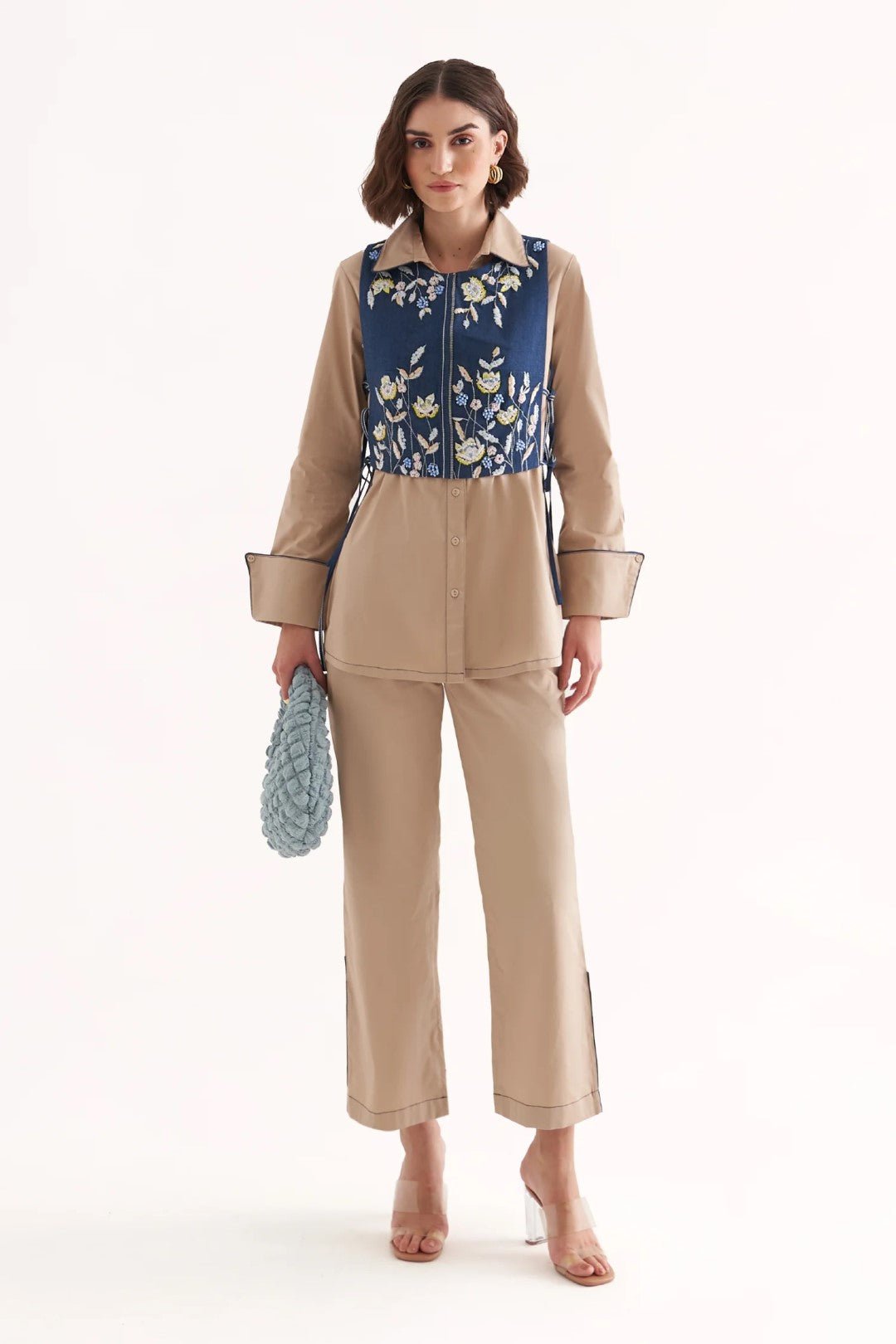 Khakhi Cotton Satin Co-ord Set with Denim Half Jacket