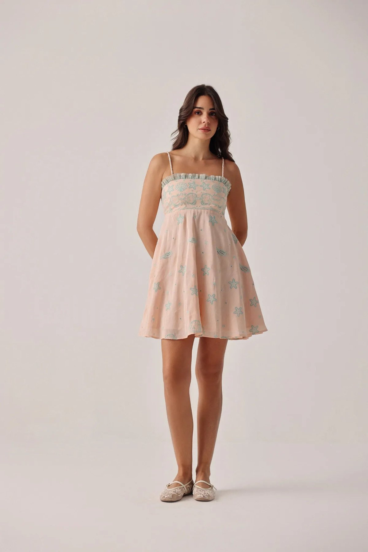 Peach Fit and Flare Mini Dress with Mint Embroidery
