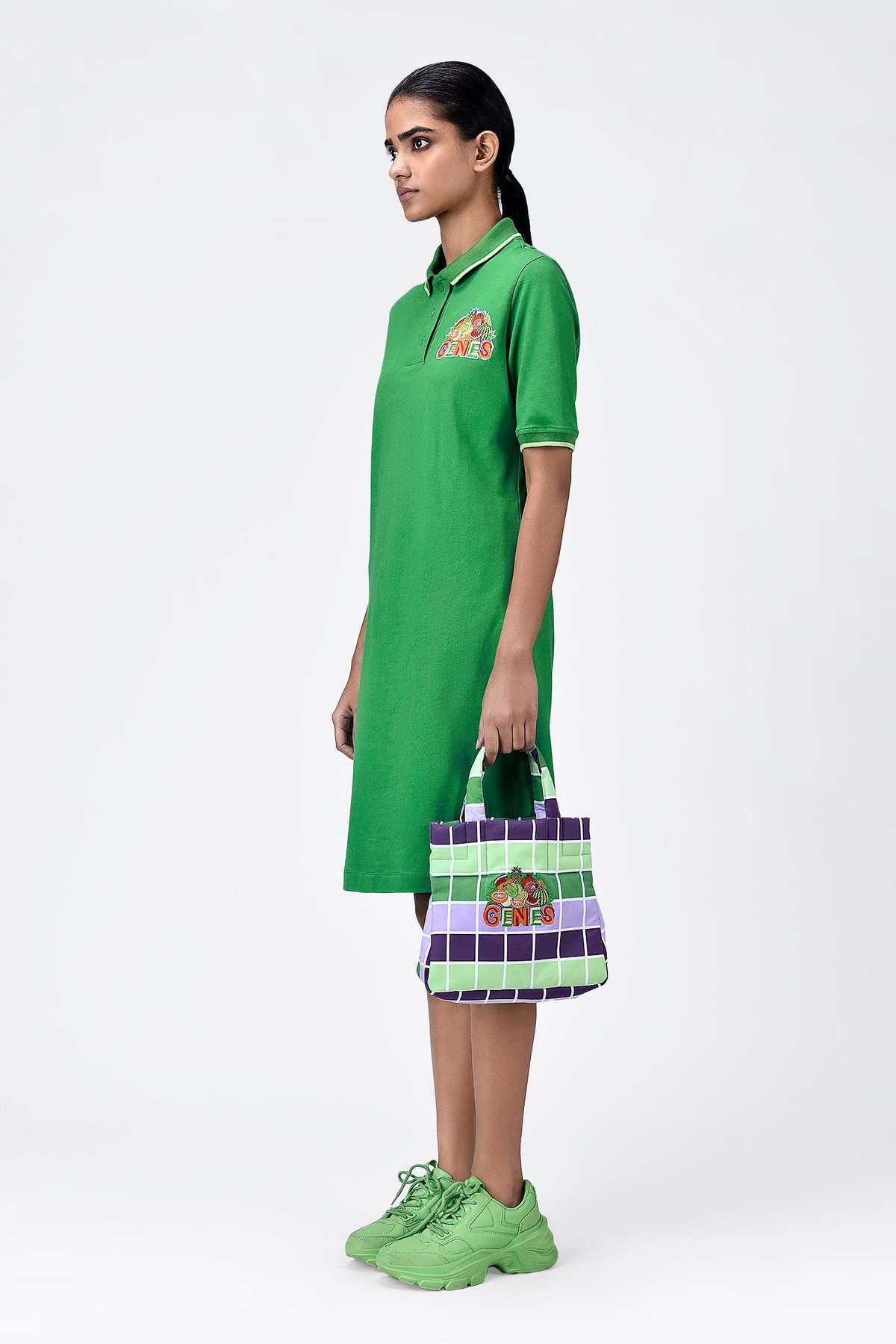 Spring Green Cotton Piqué Polo Dress with Embroidery Patch