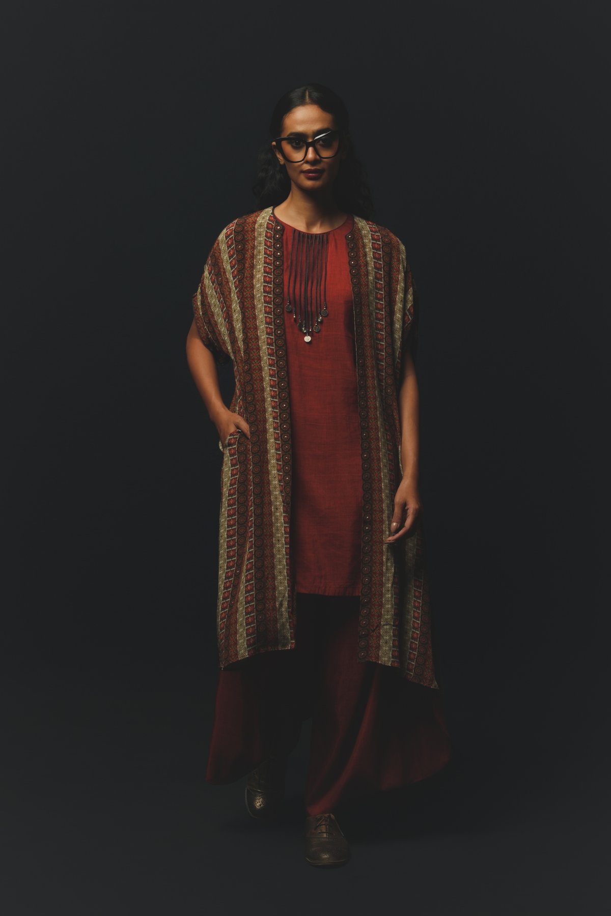 Rust Straight Kurta Set with Printed Long Overlayer