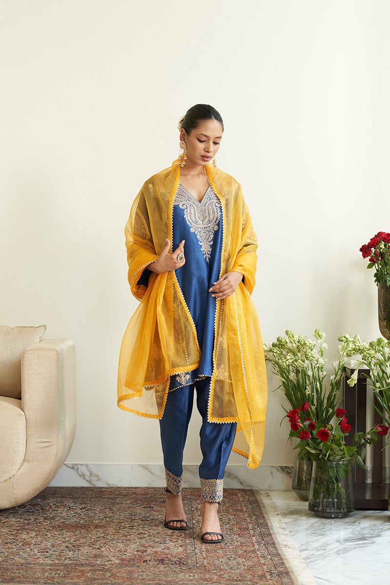 Royal Blue Chanderi Silk Embroidered Kurta Set
