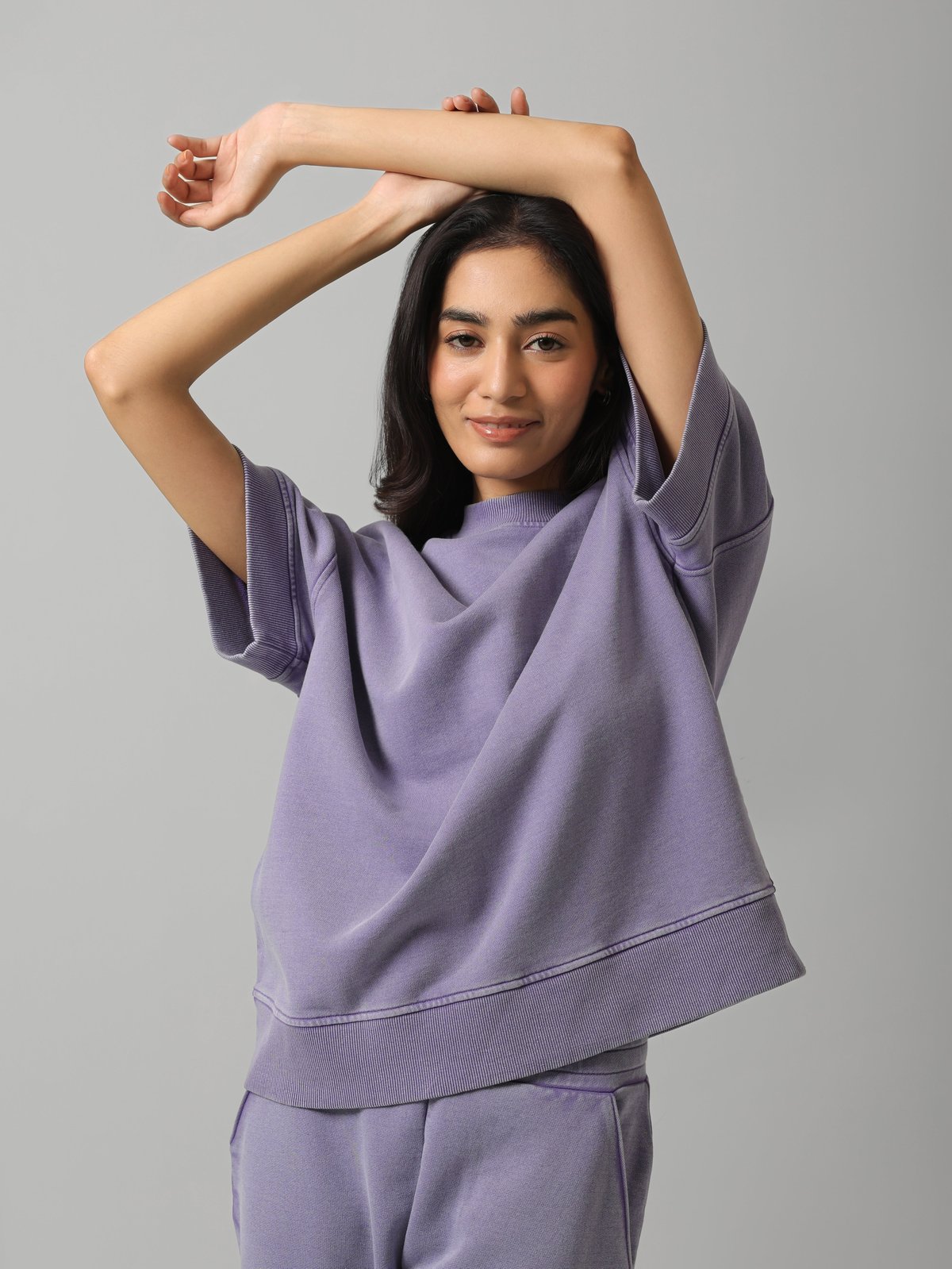 Lilac Acid-Wash Short Sleeve Cotton Terry Sweatshirt
