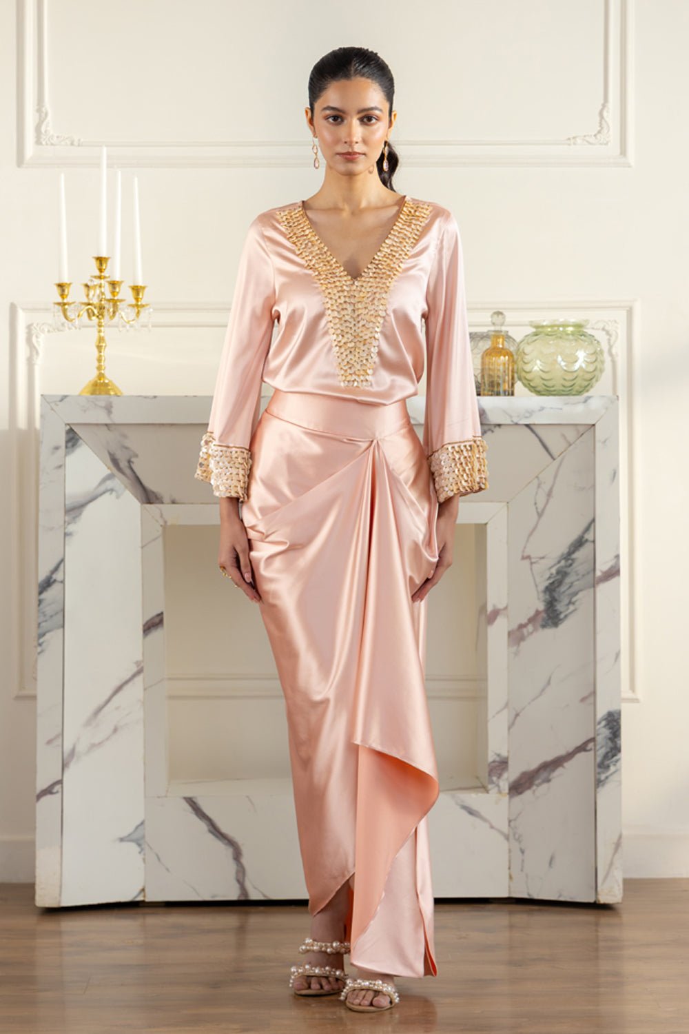 Hand Embellished Mother of Pearl Draped Skirt Set