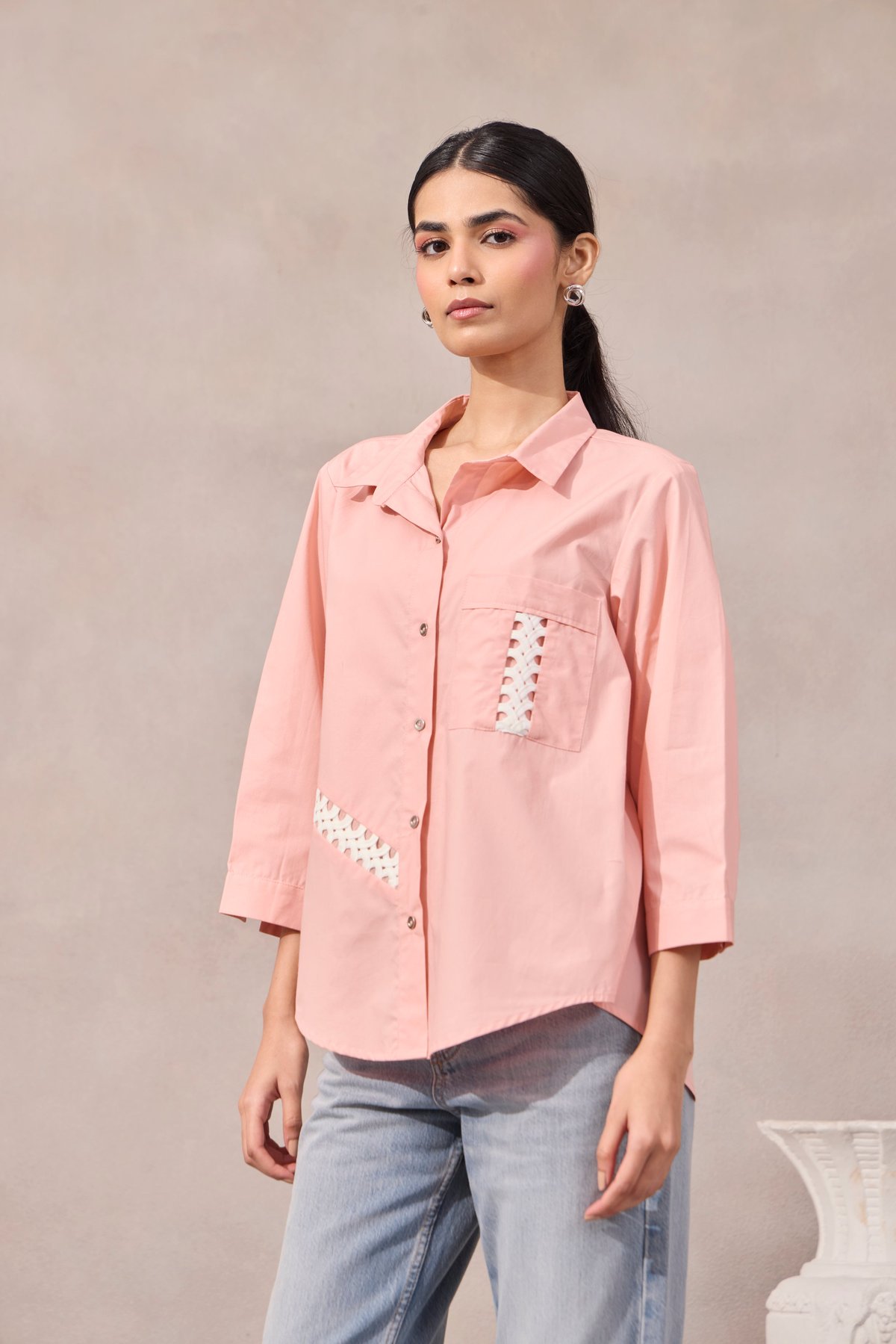 Sunset Pink Cotton Poplin Shirt with Contrast Lace Inlay