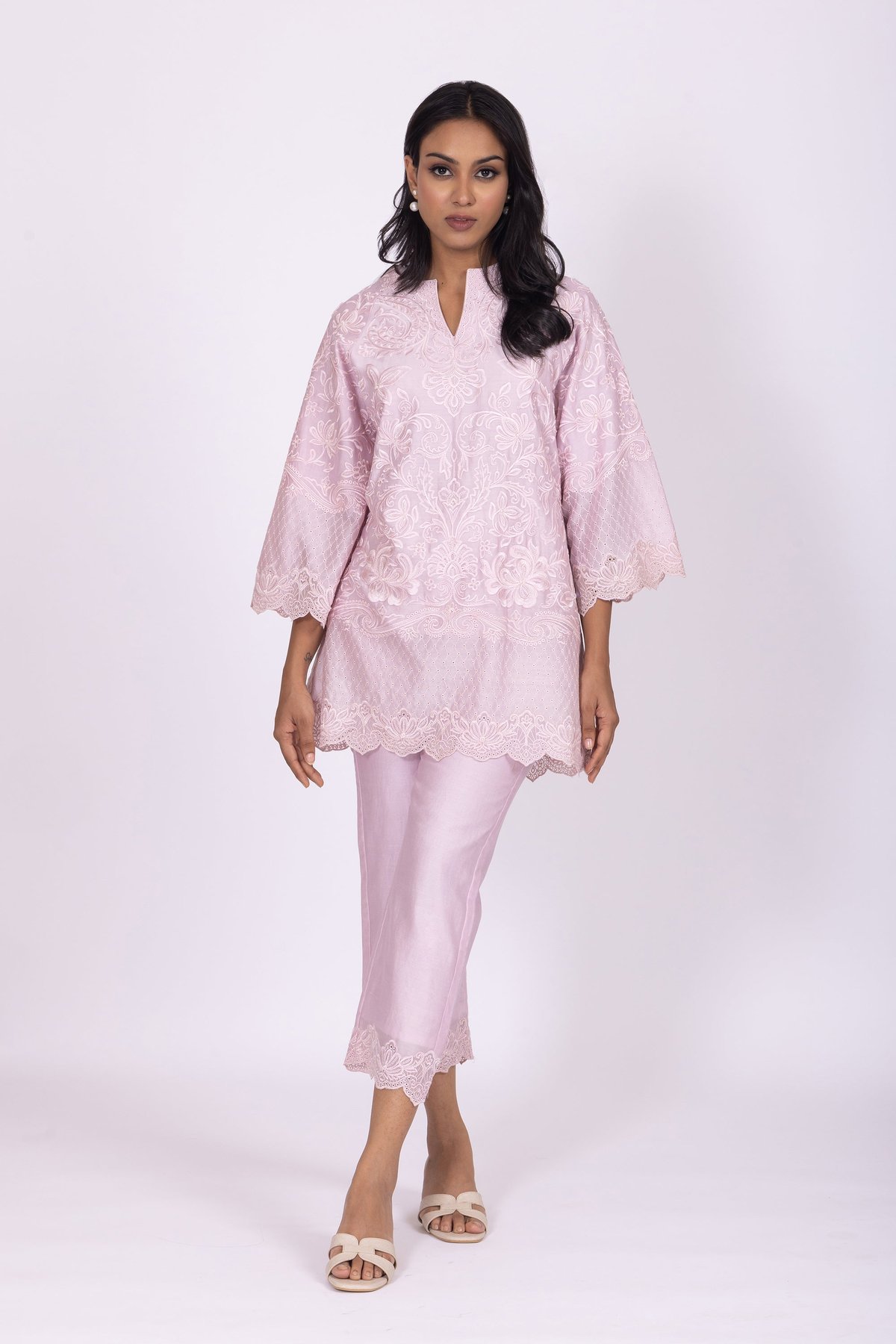 Pink Chanderi Embroidered Short Kurta Set with Pants