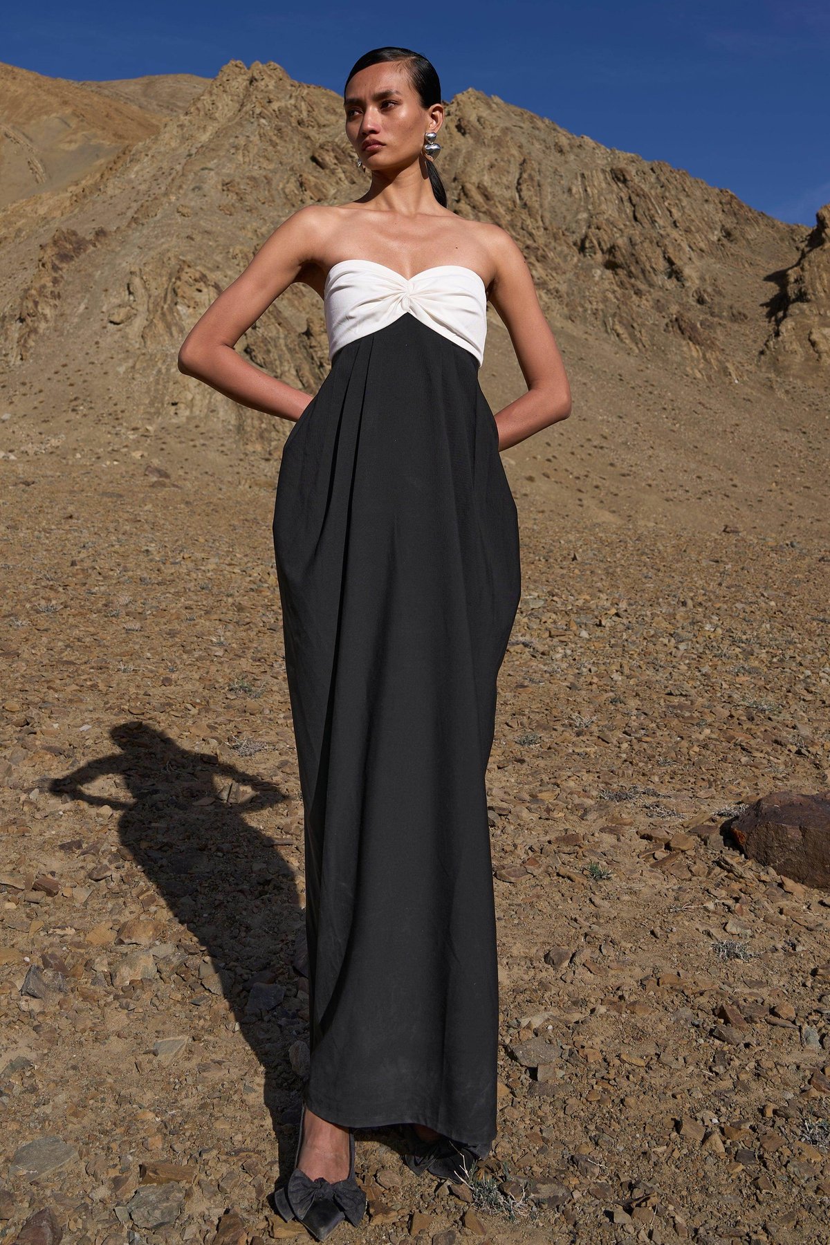 White/Black Colorblocked Strapless Maxi Gown