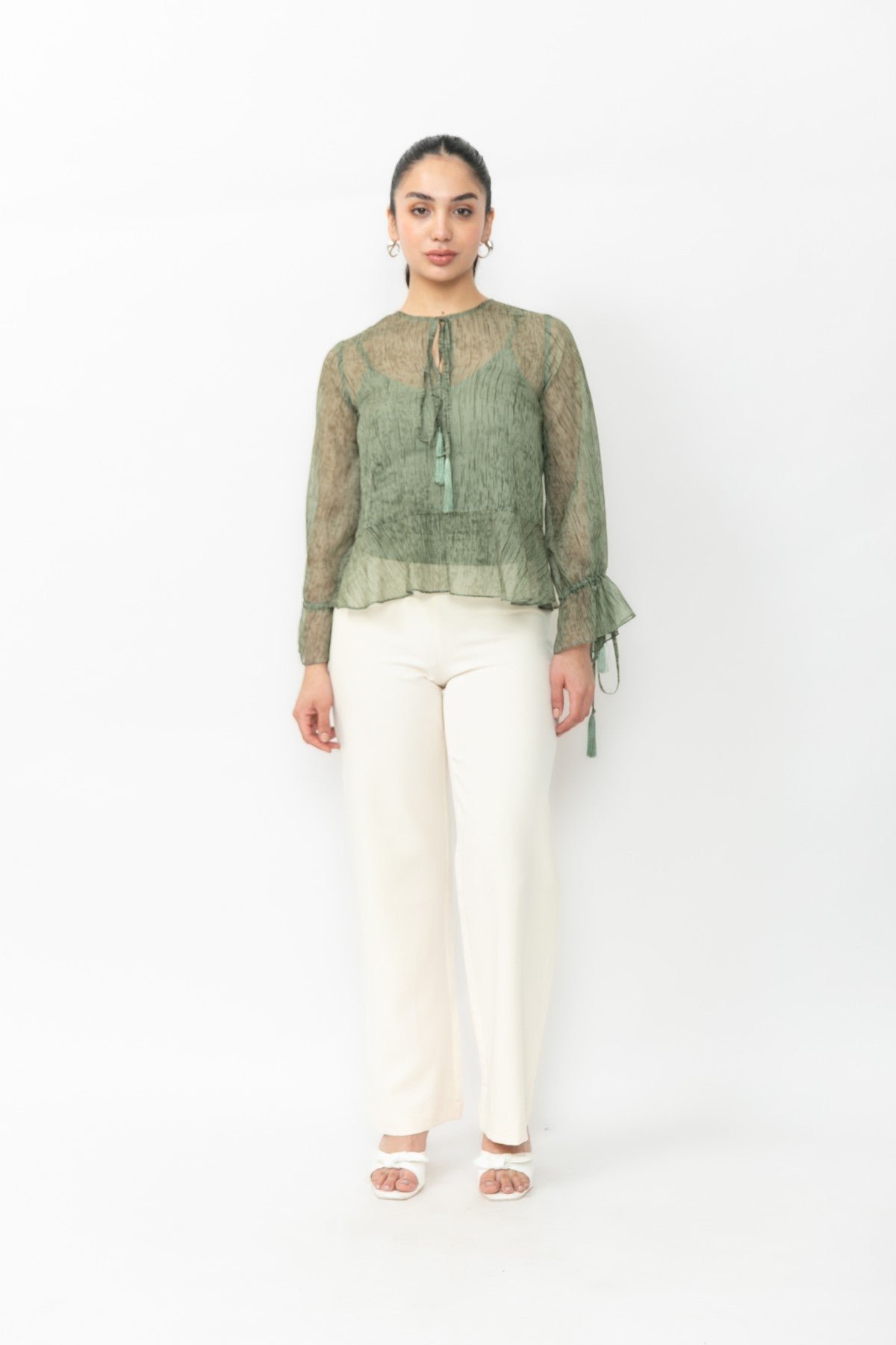 Green Textured Chiffon Tie-Up Top with Inner Slip