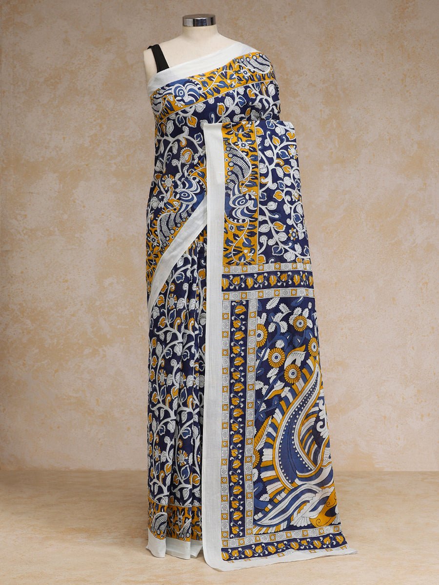 Indigo Bloom Block Print Cotton Saree Rozaana