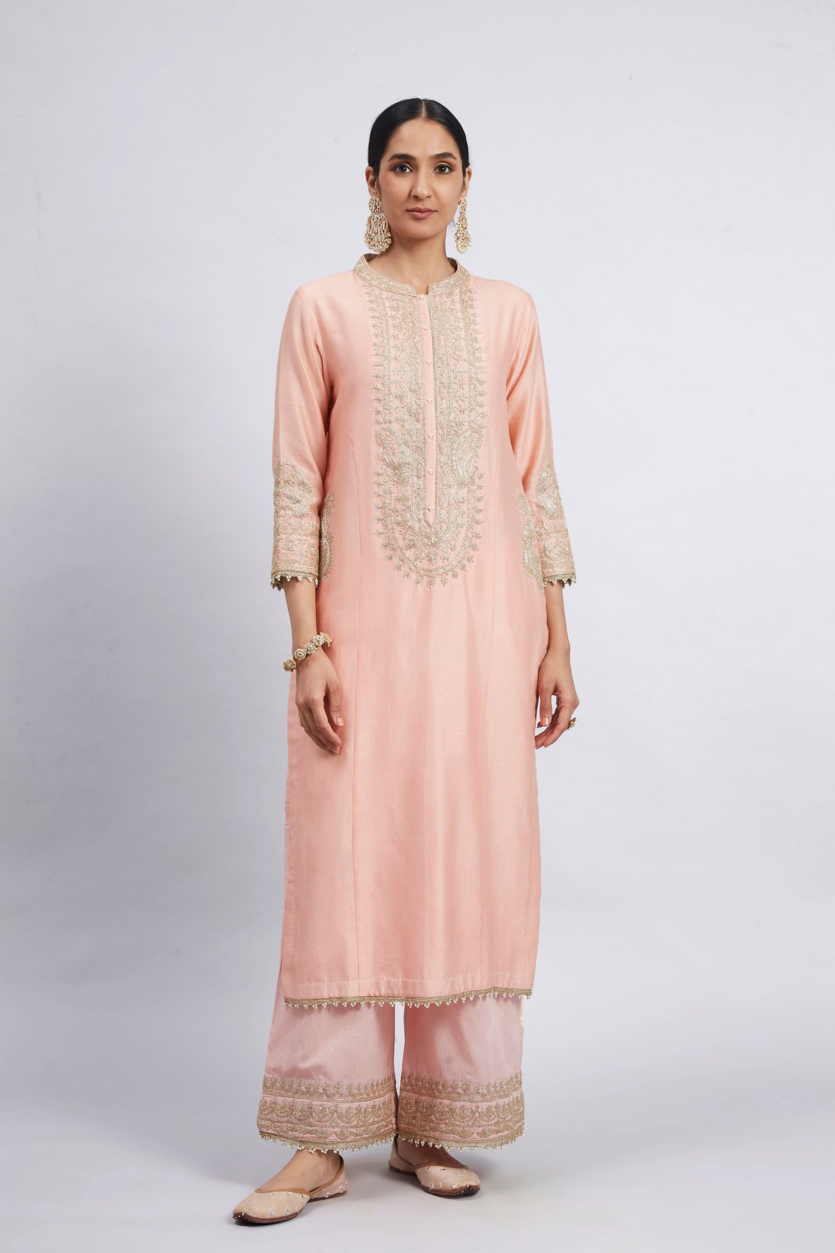 Carnation Pink Embroidered Chanderi Kurta Set