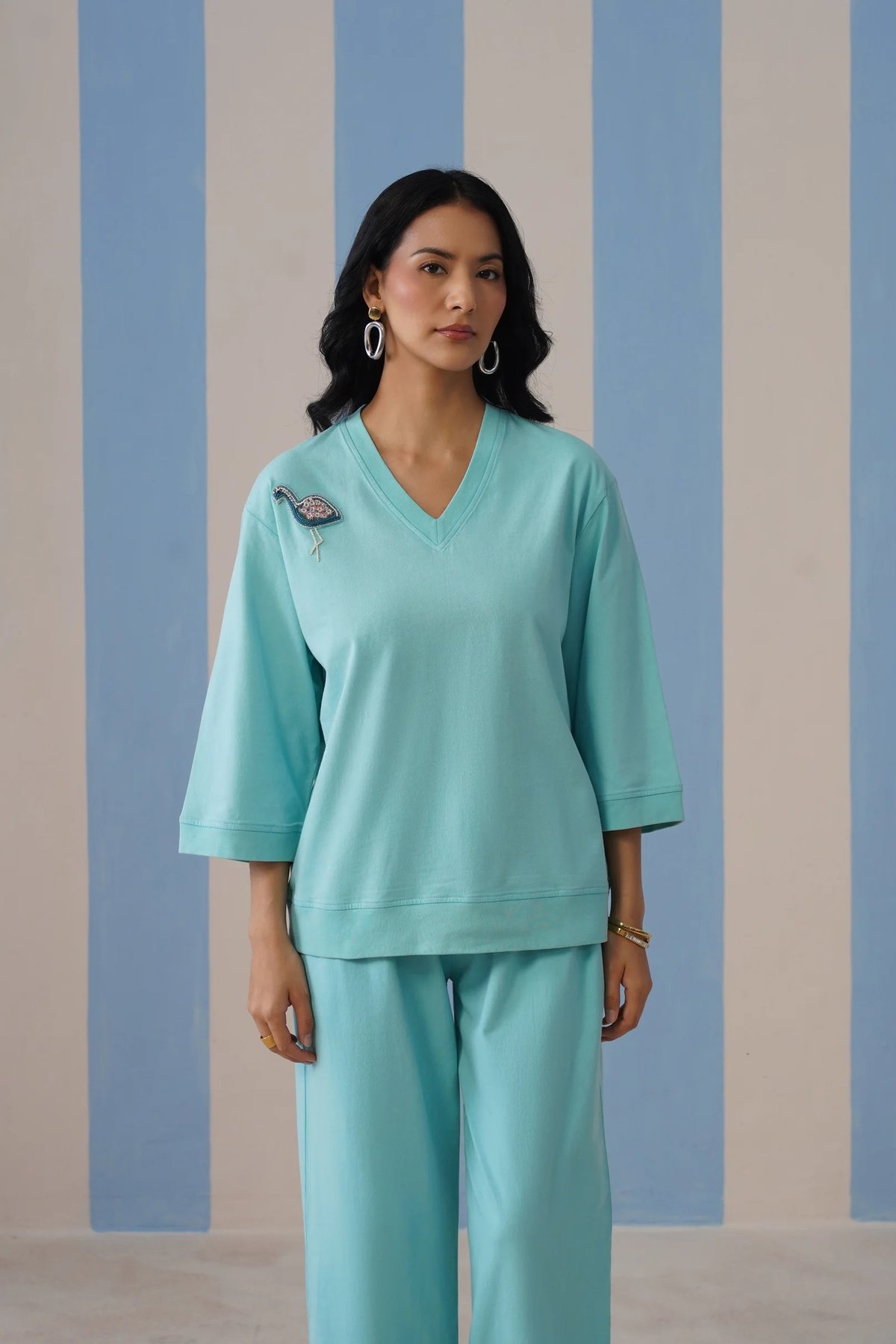 Blue Cotton Jersey Relaxed Fit V-Neck Top