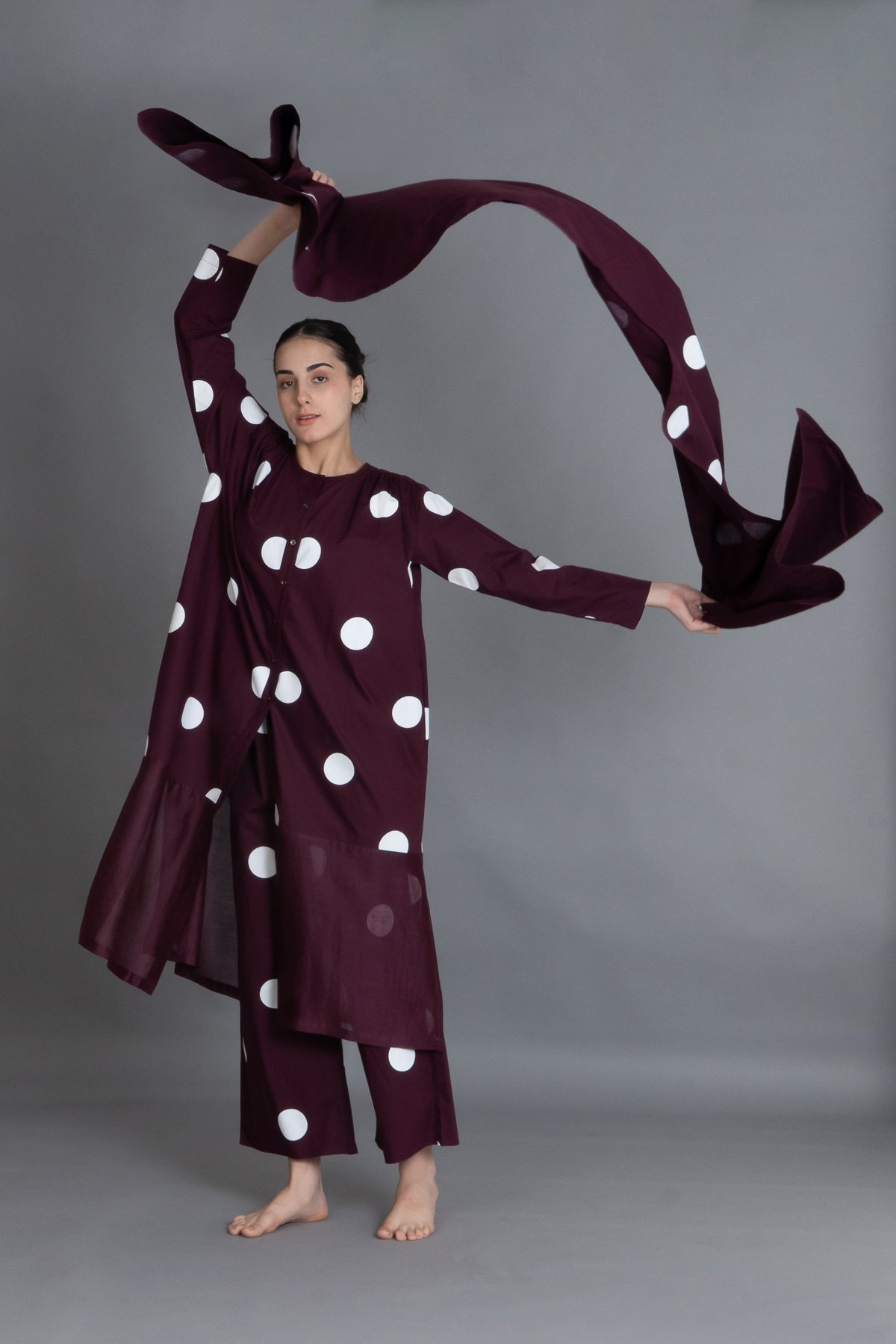 Maroon Polka Chanderi Dress Co-ord with Scraff