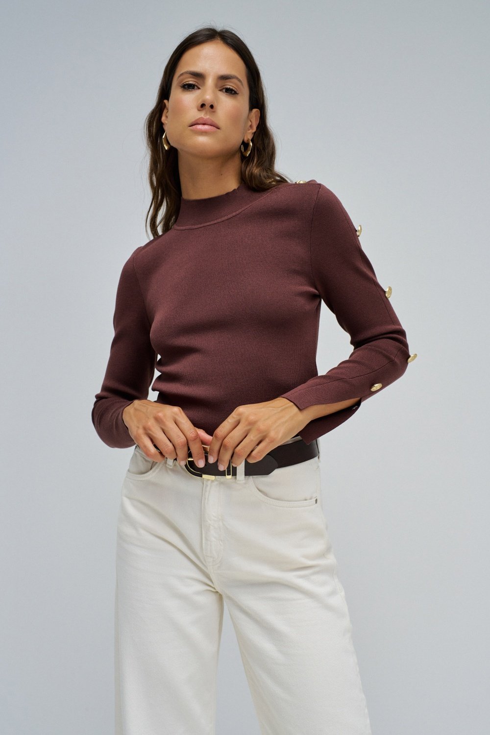 Medium Brown Rib-Knit High Neck Sweater with Button Detail