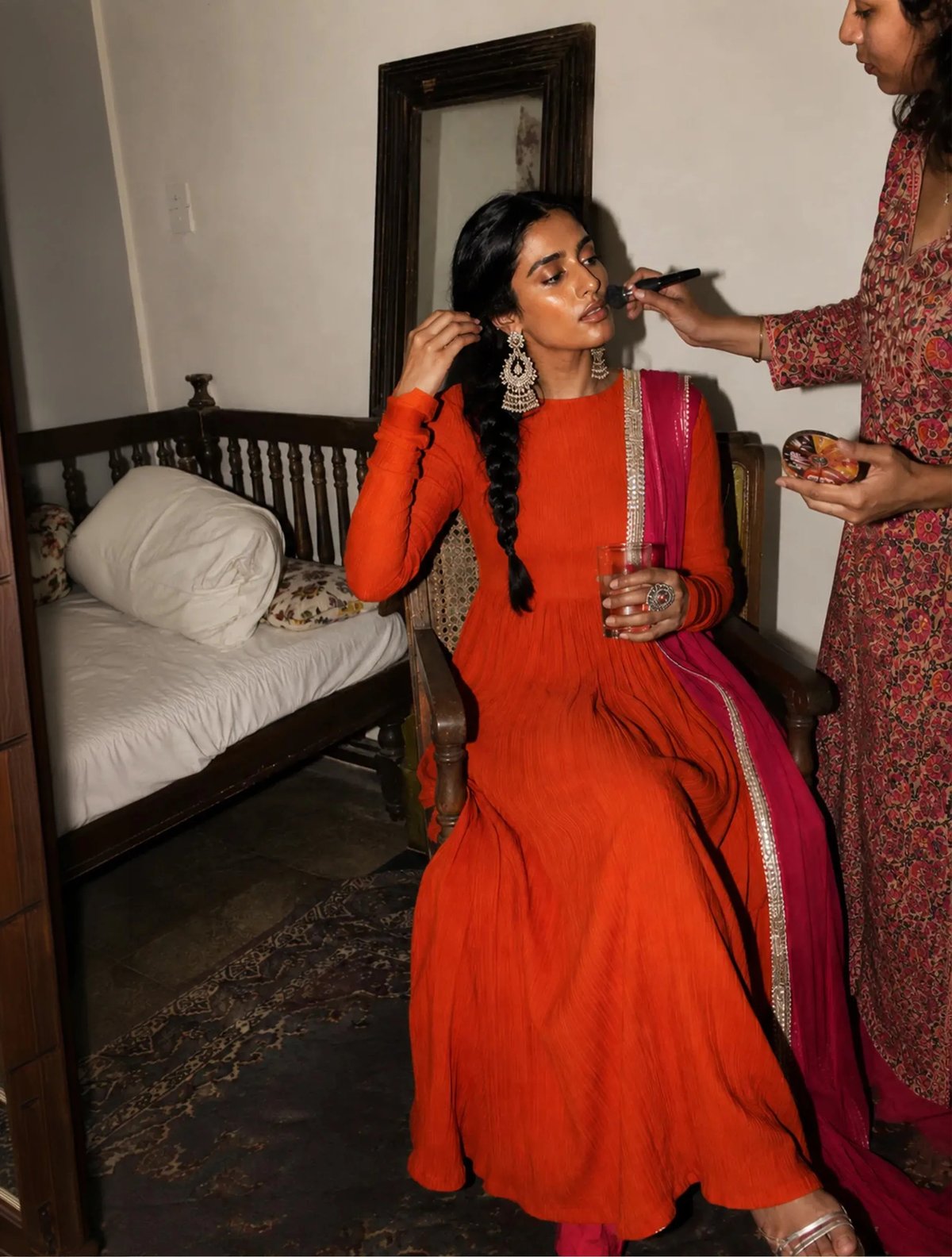 Orange Crinkle Anarkali Kurta Pant Dupatta Set