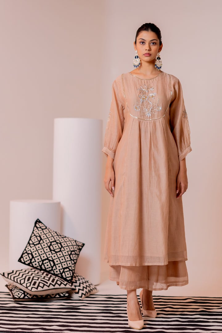 Beige Chanderi Embroidered Yoke Kurta Set with Palazzo