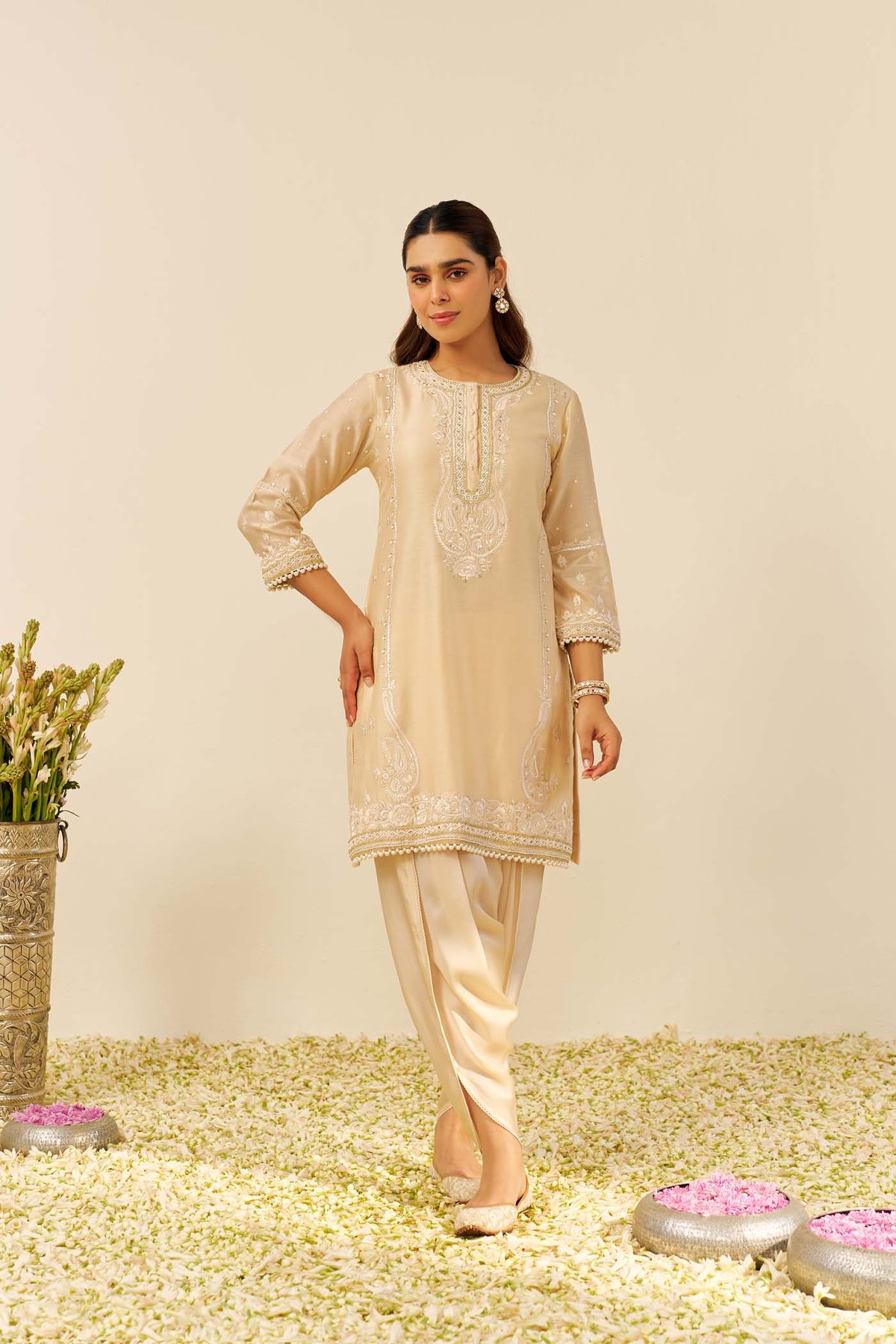 Beige Embroidered Kurta and Dhoti Set