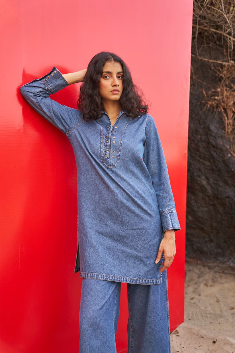 Indigo Washed Denim Longline Henley Collar Top