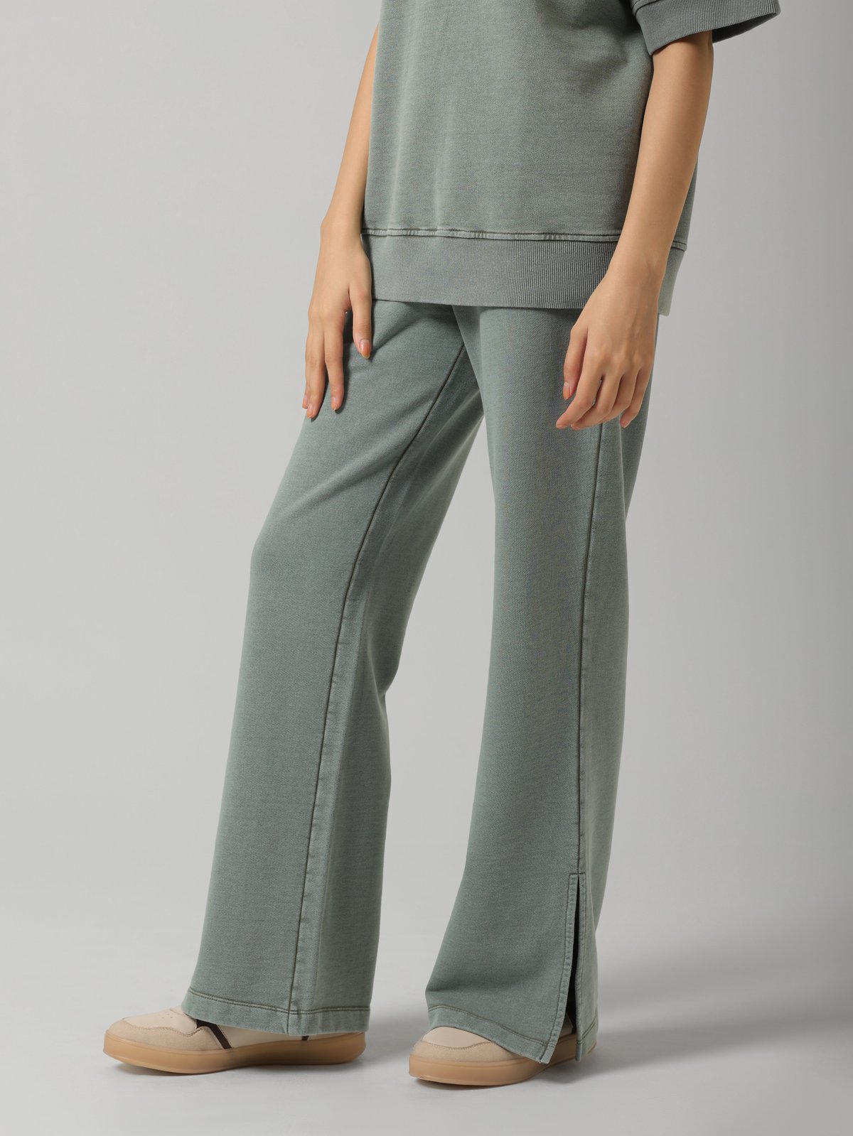 Green Cotton Terry Acid Wash Wide-Leg Trackpants